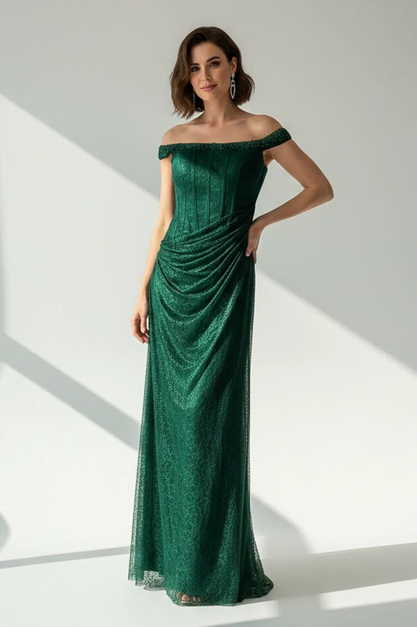 Beaded Off Shoulder Dantel Lame Dress