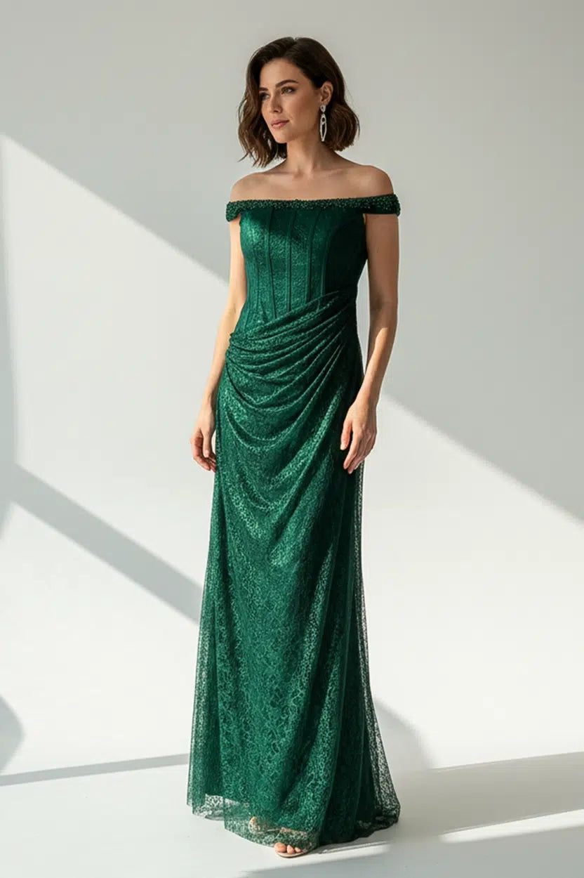 Beaded Off Shoulder Dantel Lame Dress