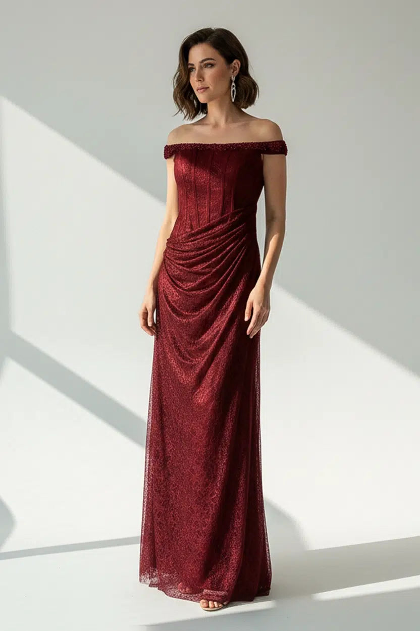 Beaded Off Shoulder Dantel Lame Dress