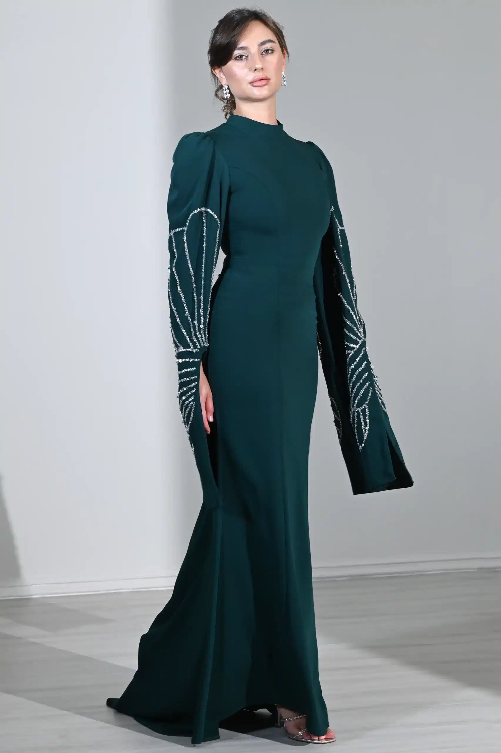 Beaded Wide Sleeves Crepe Dress