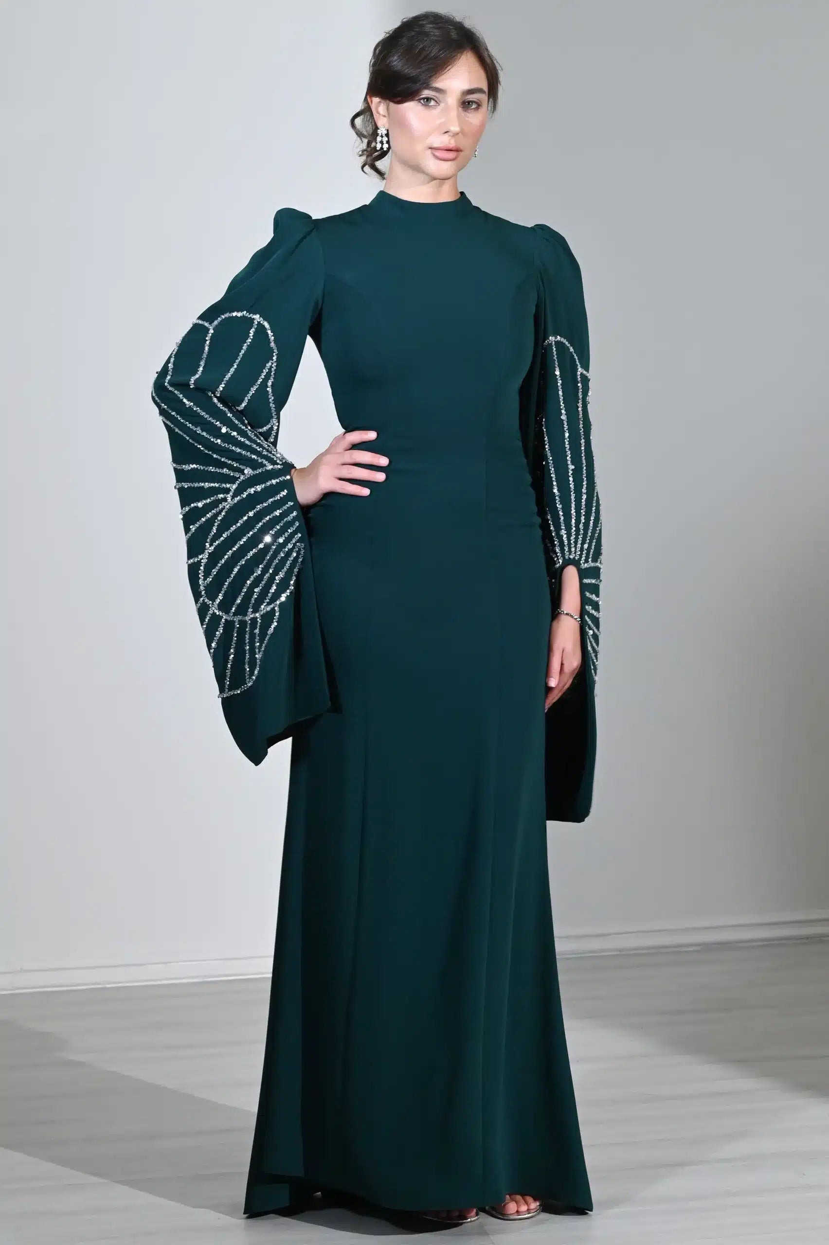 Beaded Wide Sleeves Crepe Dress