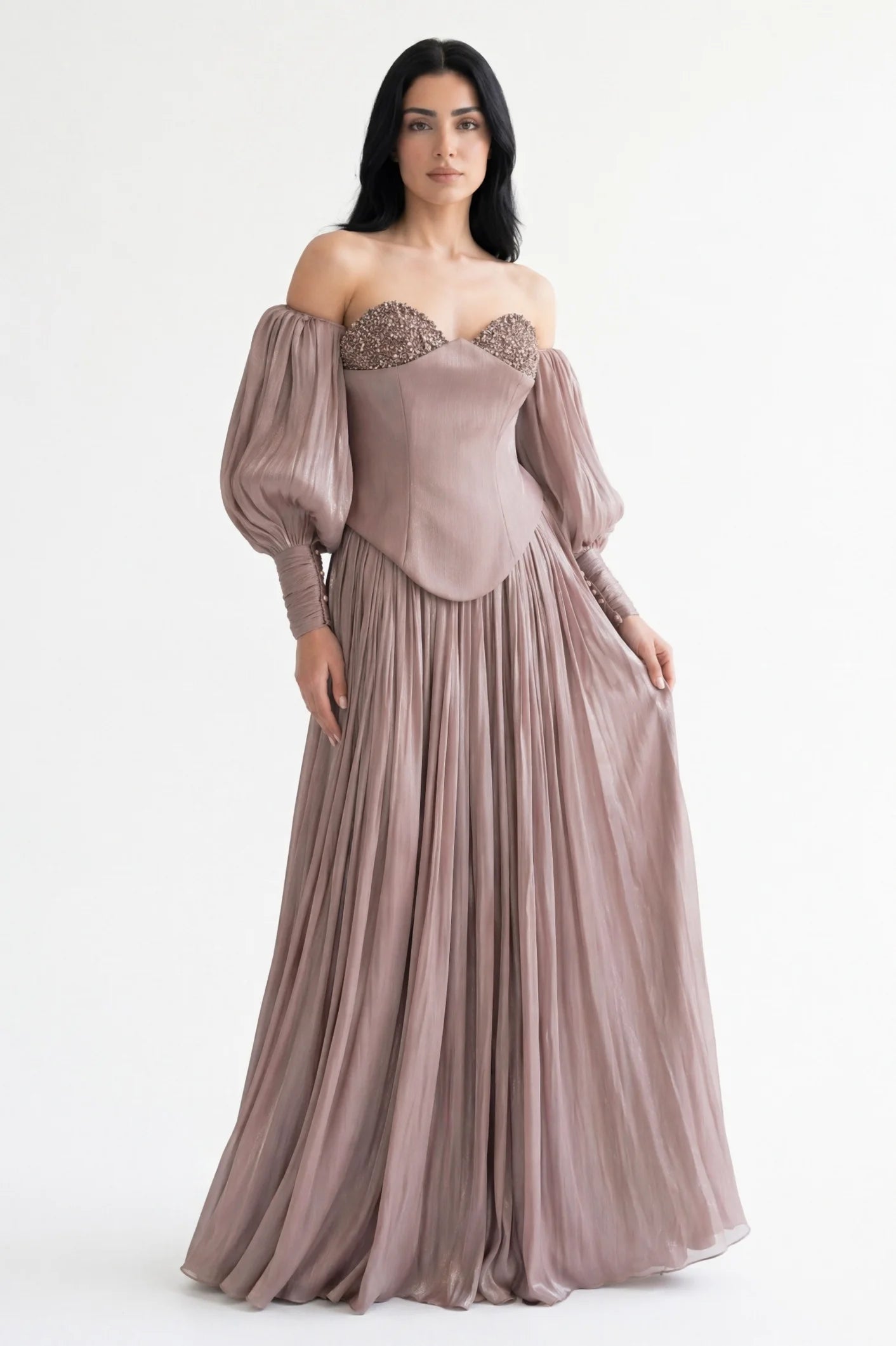 Beaded Bust Balloon Sleeves Organza Dress