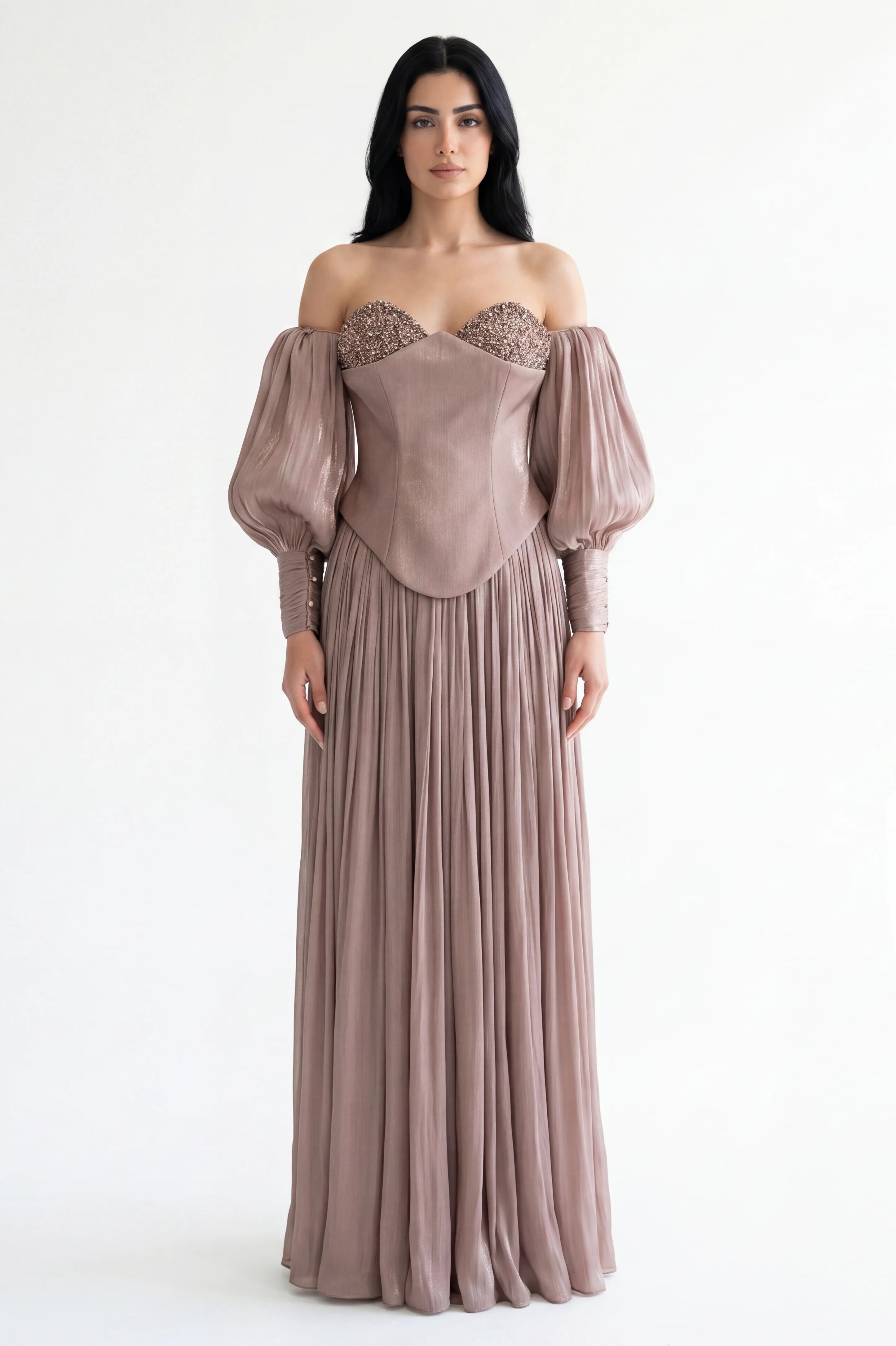 Beaded Bust Balloon Sleeves Organza Dress