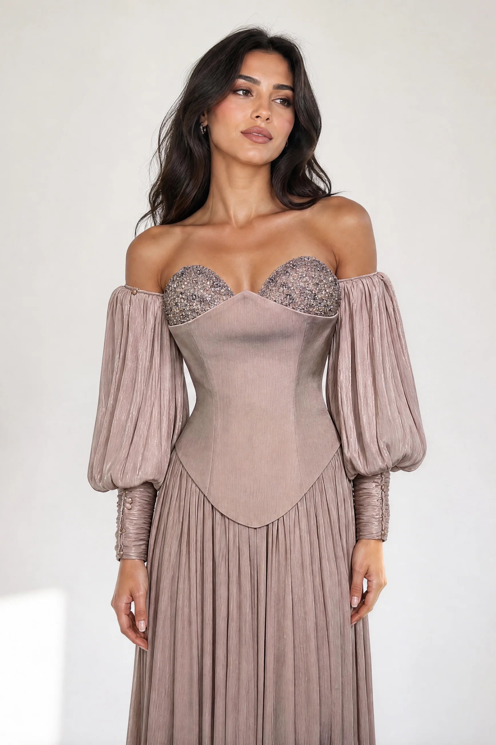 Beaded Bust Balloon Sleeves Organza Dress