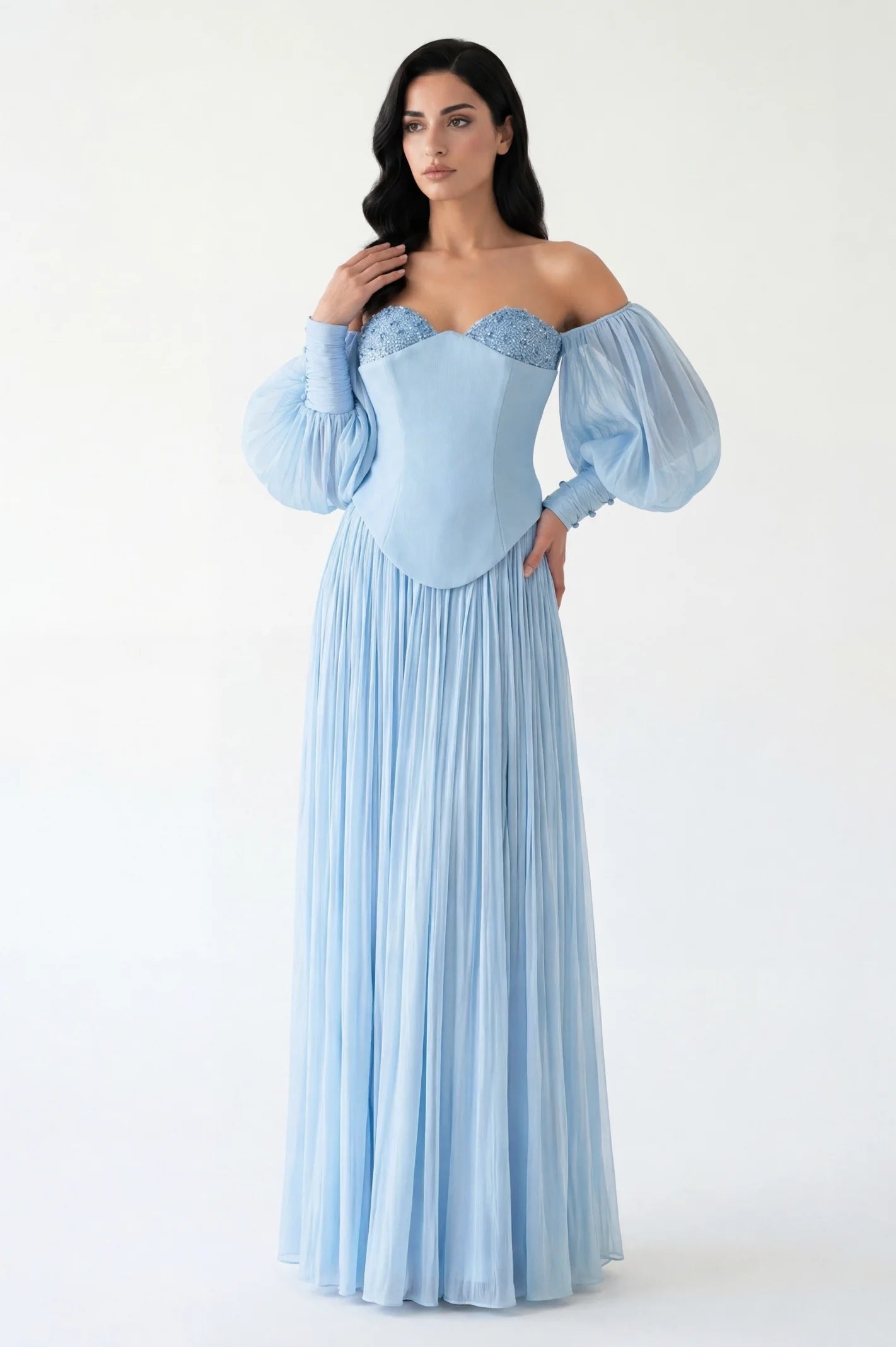 Beaded Bust Balloon Sleeves Organza Dress