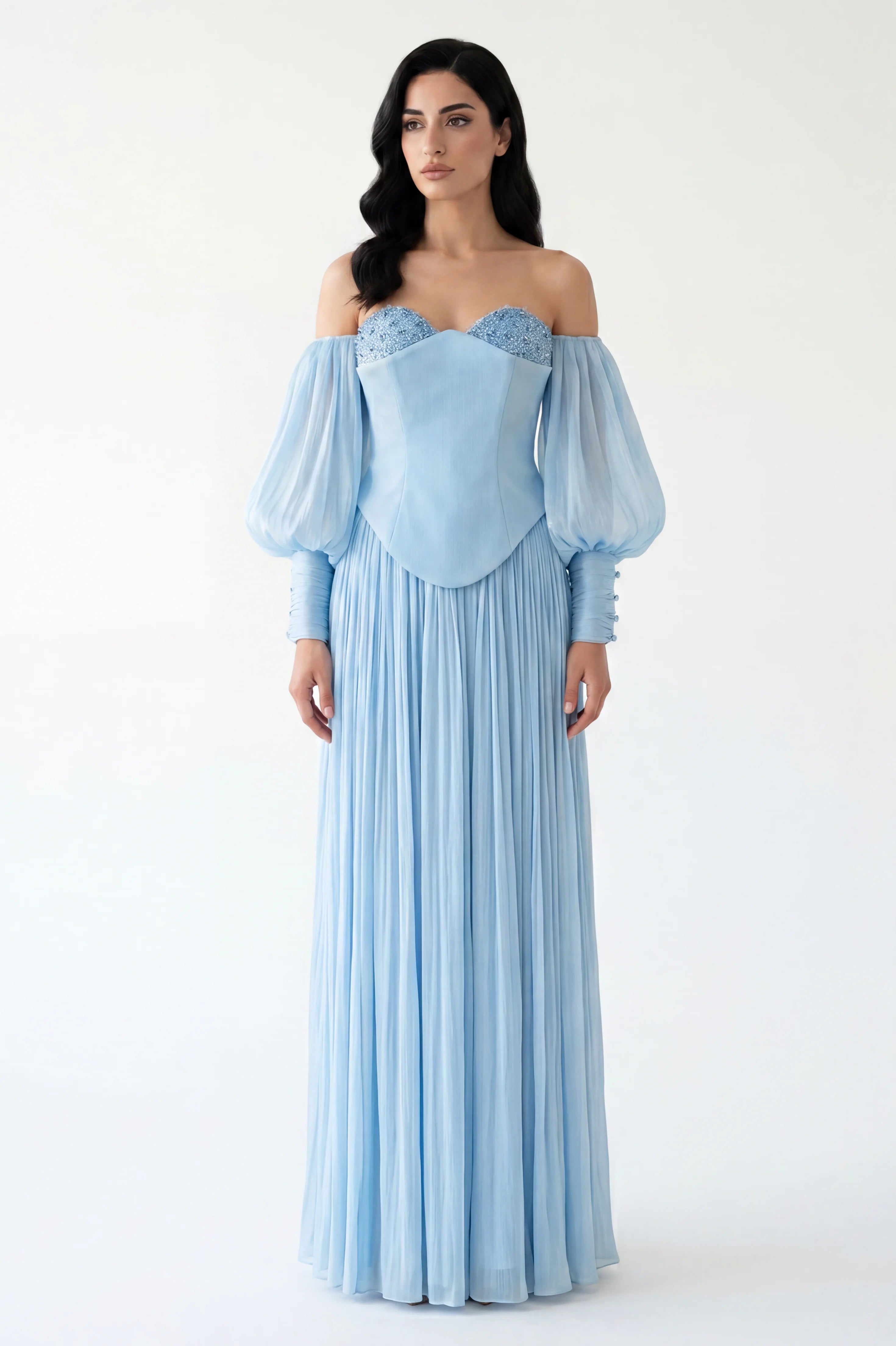 Beaded Bust Balloon Sleeves Organza Dress