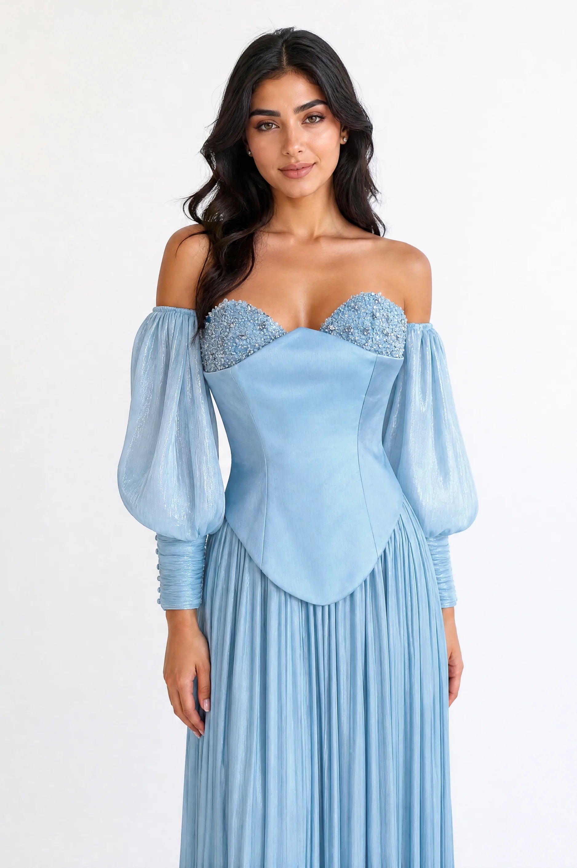 Beaded Bust Balloon Sleeves Organza Dress