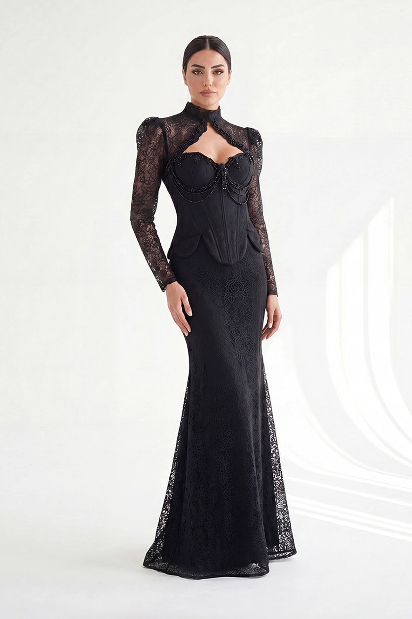 Beaded Bust Details Dantel Dress