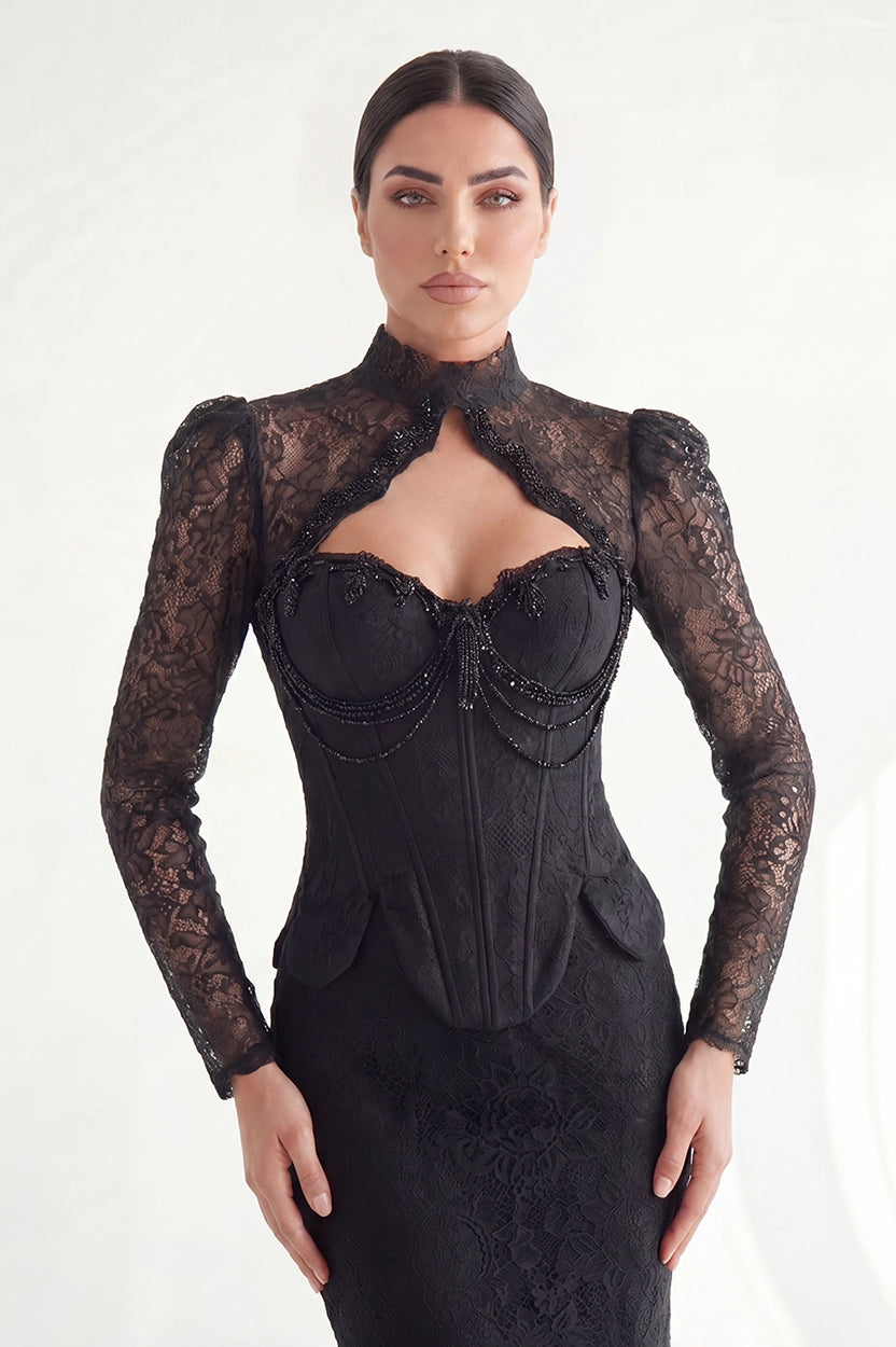 Beaded Bust Details Dantel Dress