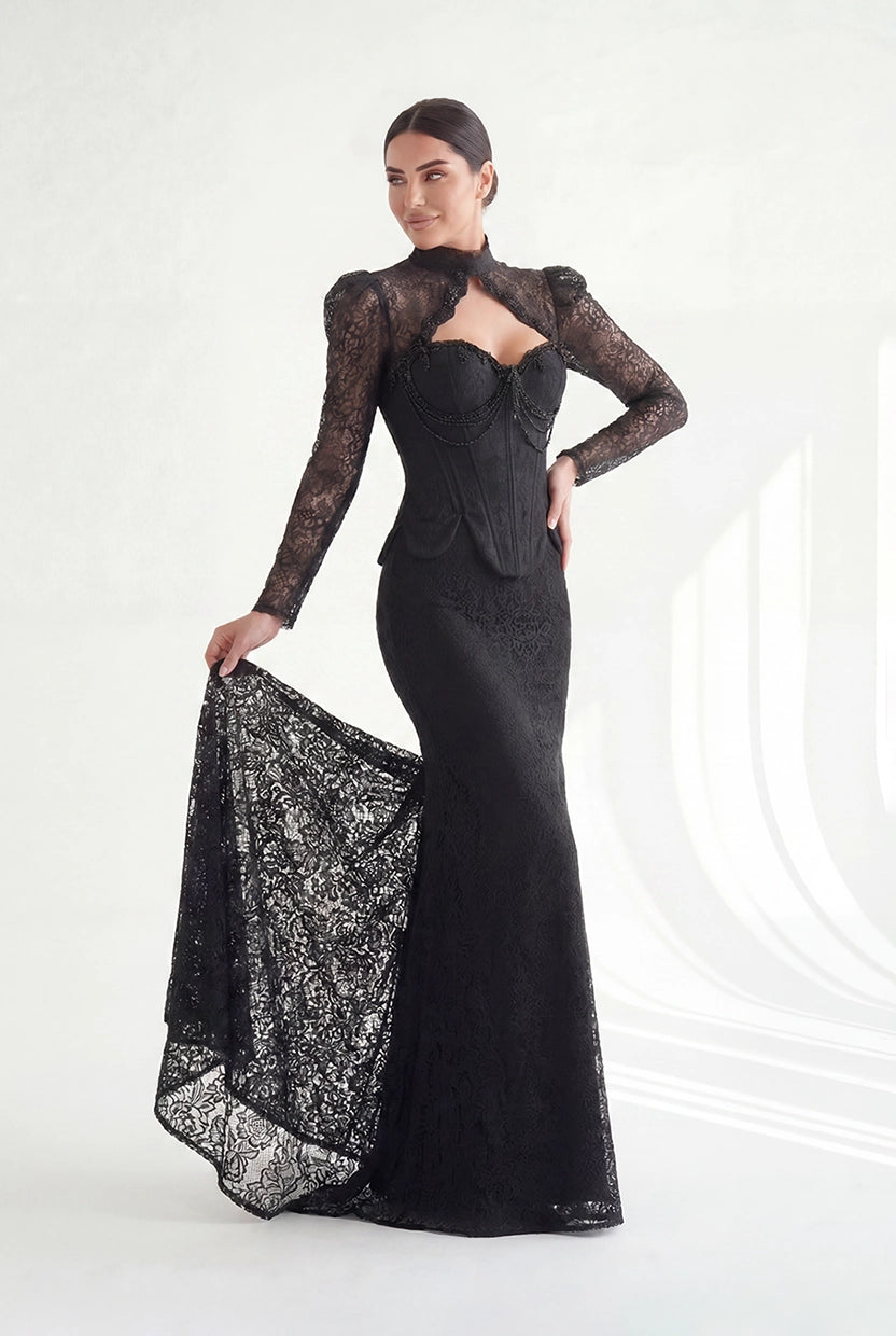 Beaded Bust Details Dantel Dress