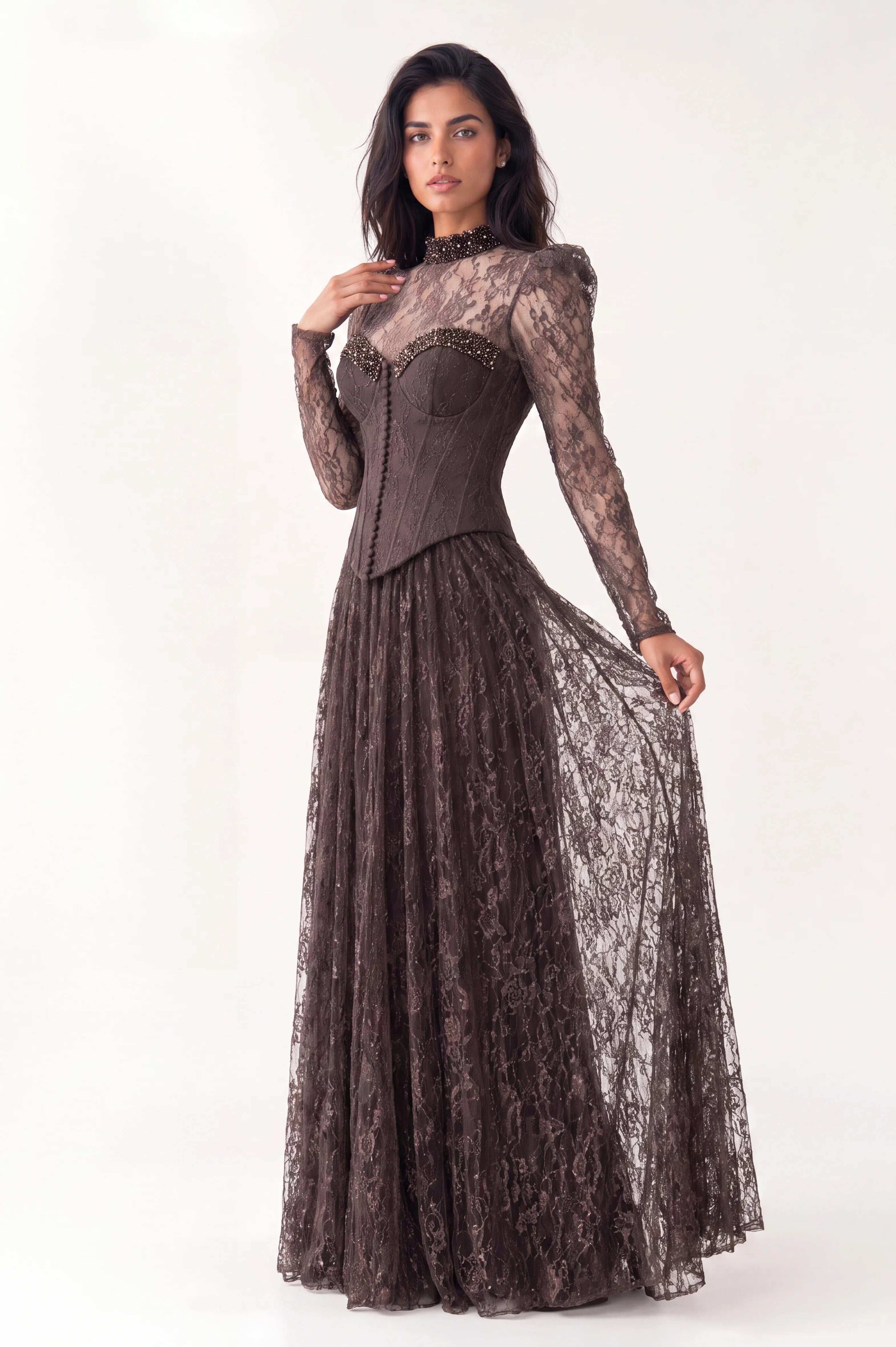 Beaded Bust Line Button Details Dantel Dress