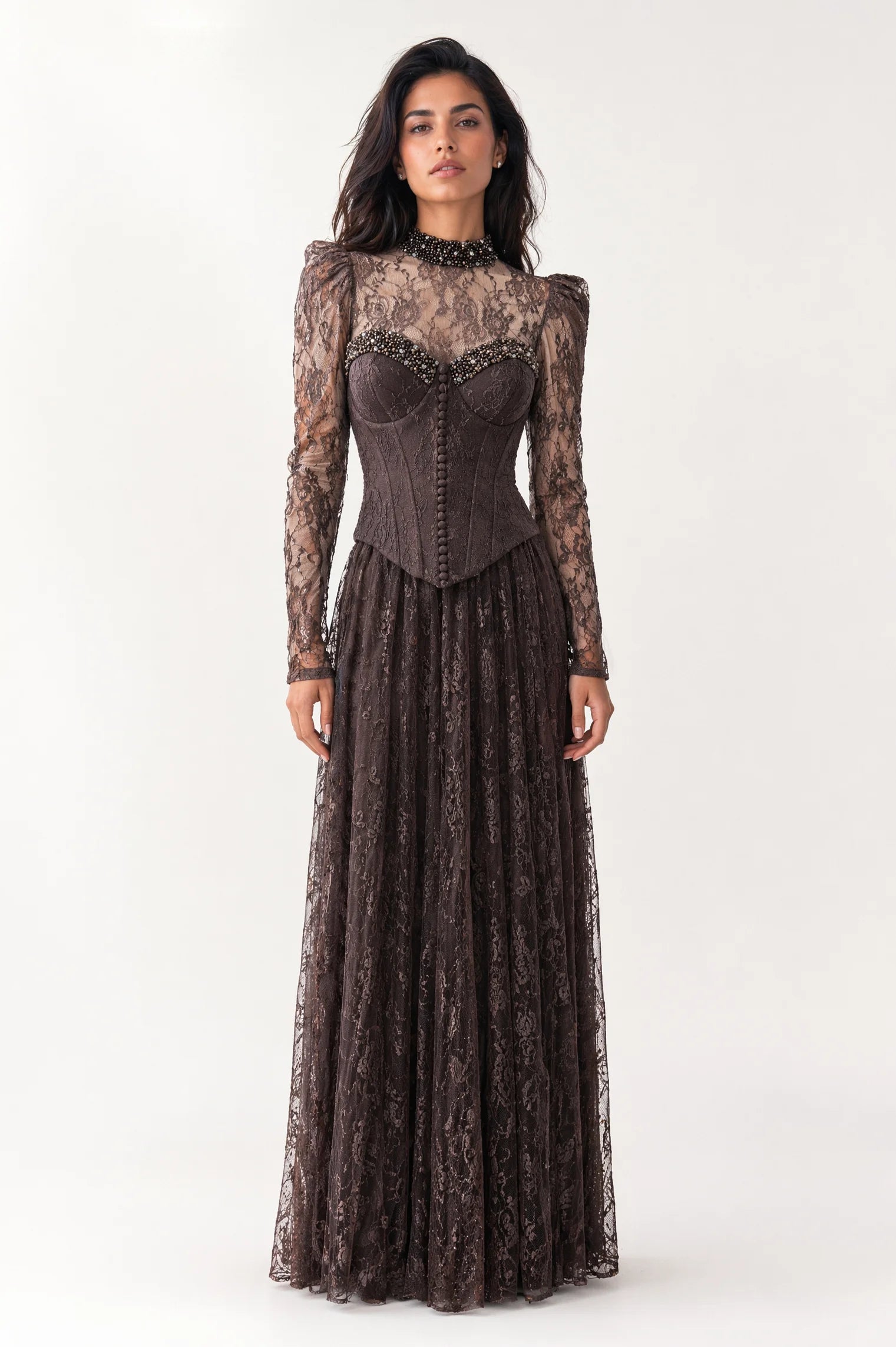 Beaded Bust Line Button Details Dantel Dress