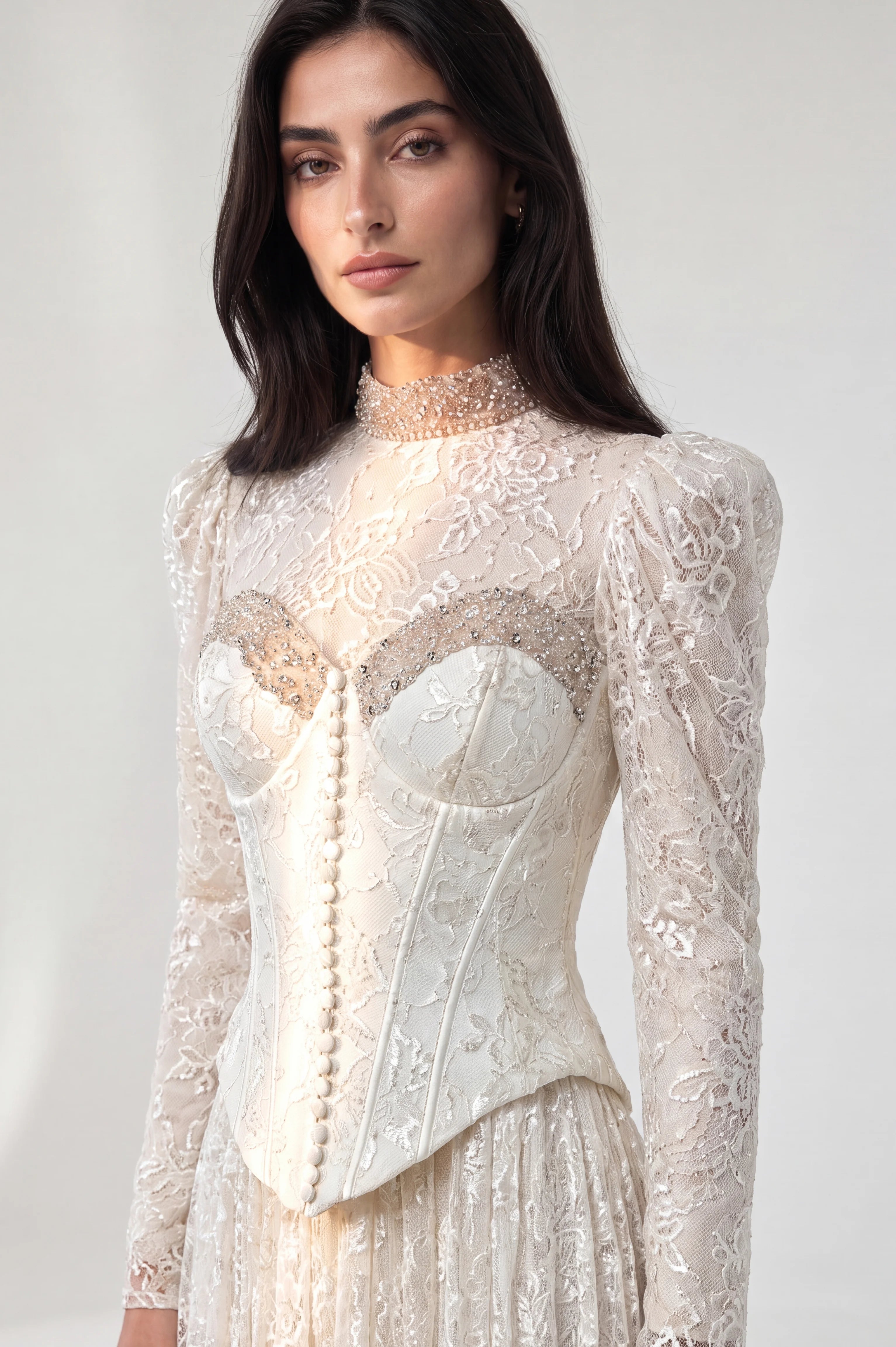 Beaded Bust Line Button Details Dantel Dress