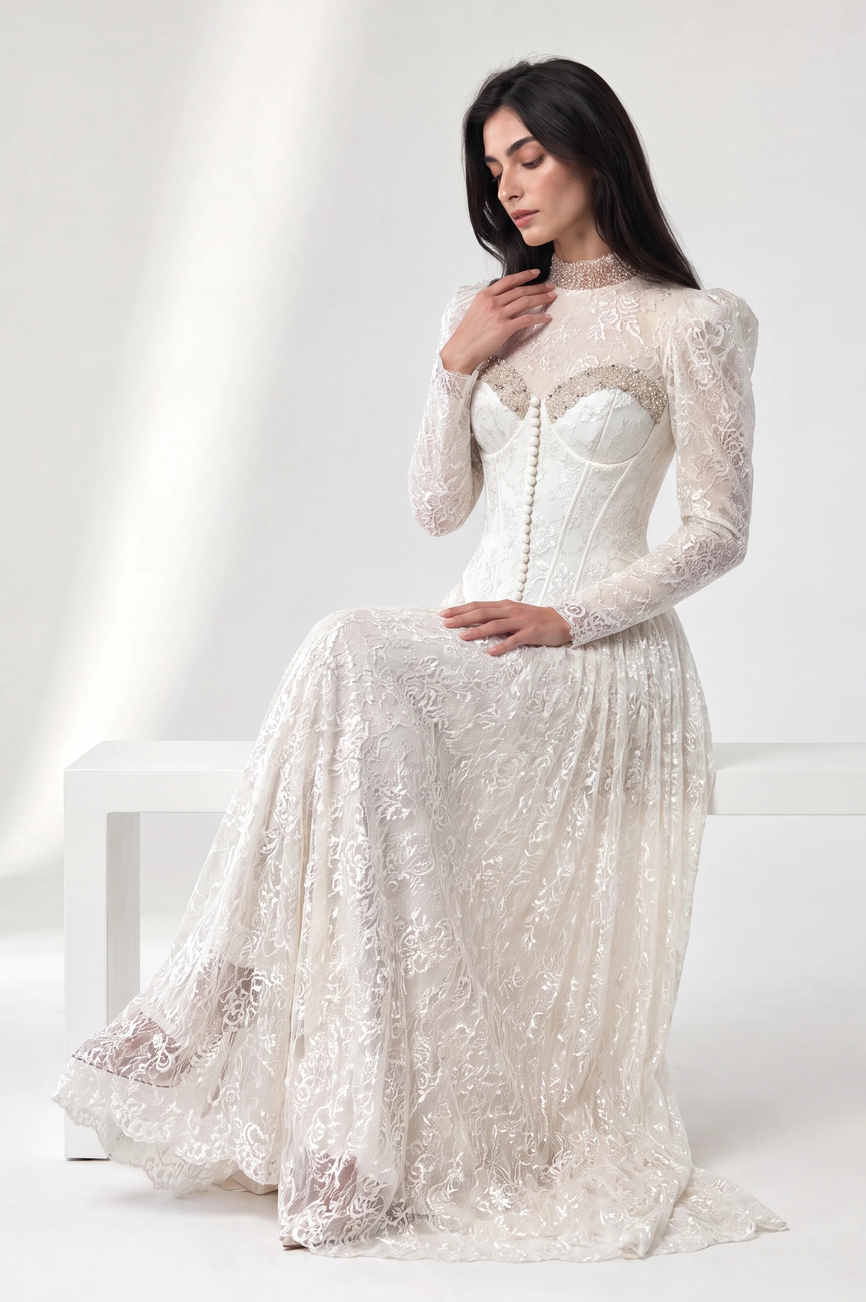 Beaded Bust Line Button Details Dantel Dress