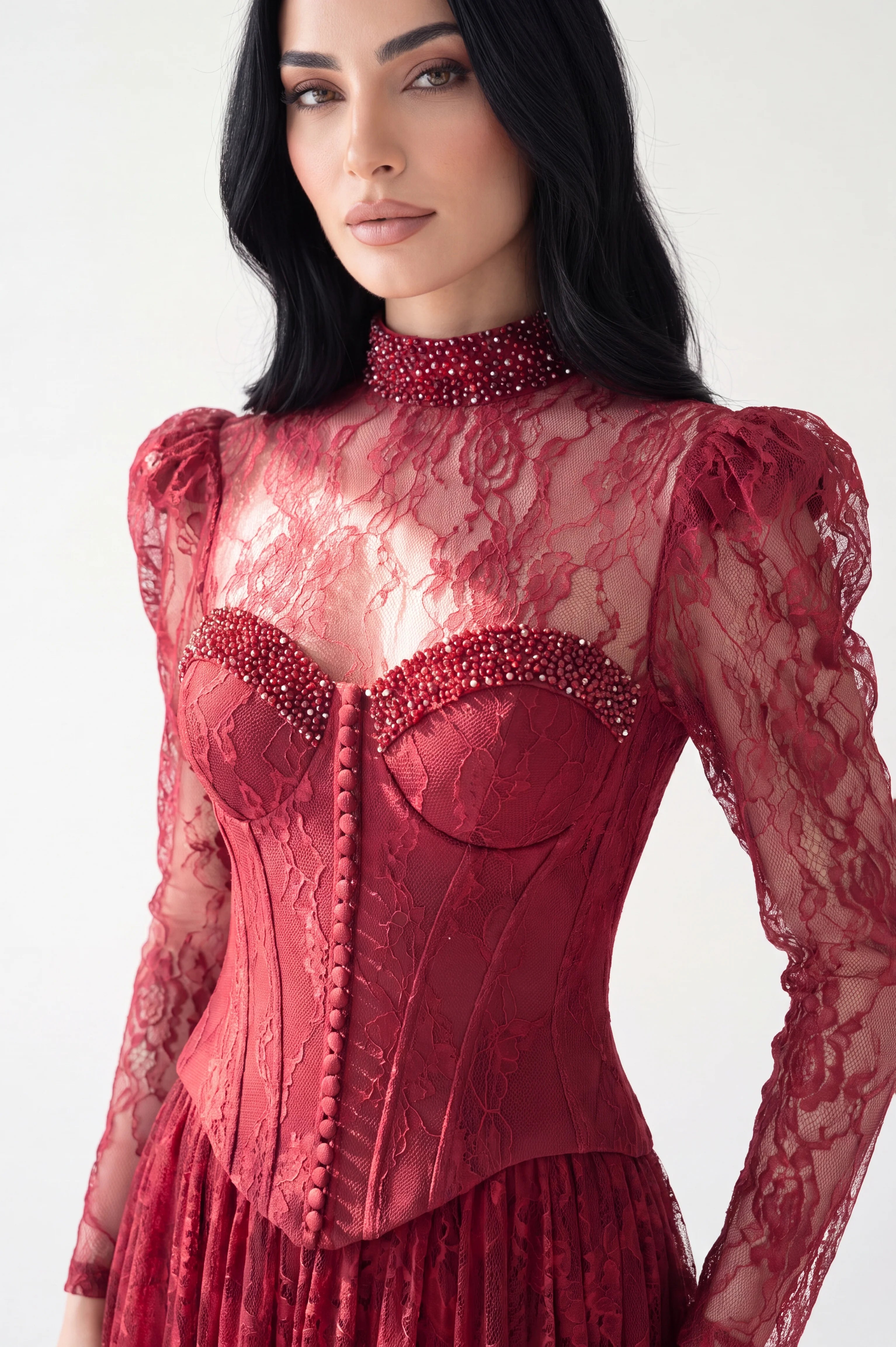 Beaded Bust Line Button Details Dantel Dress