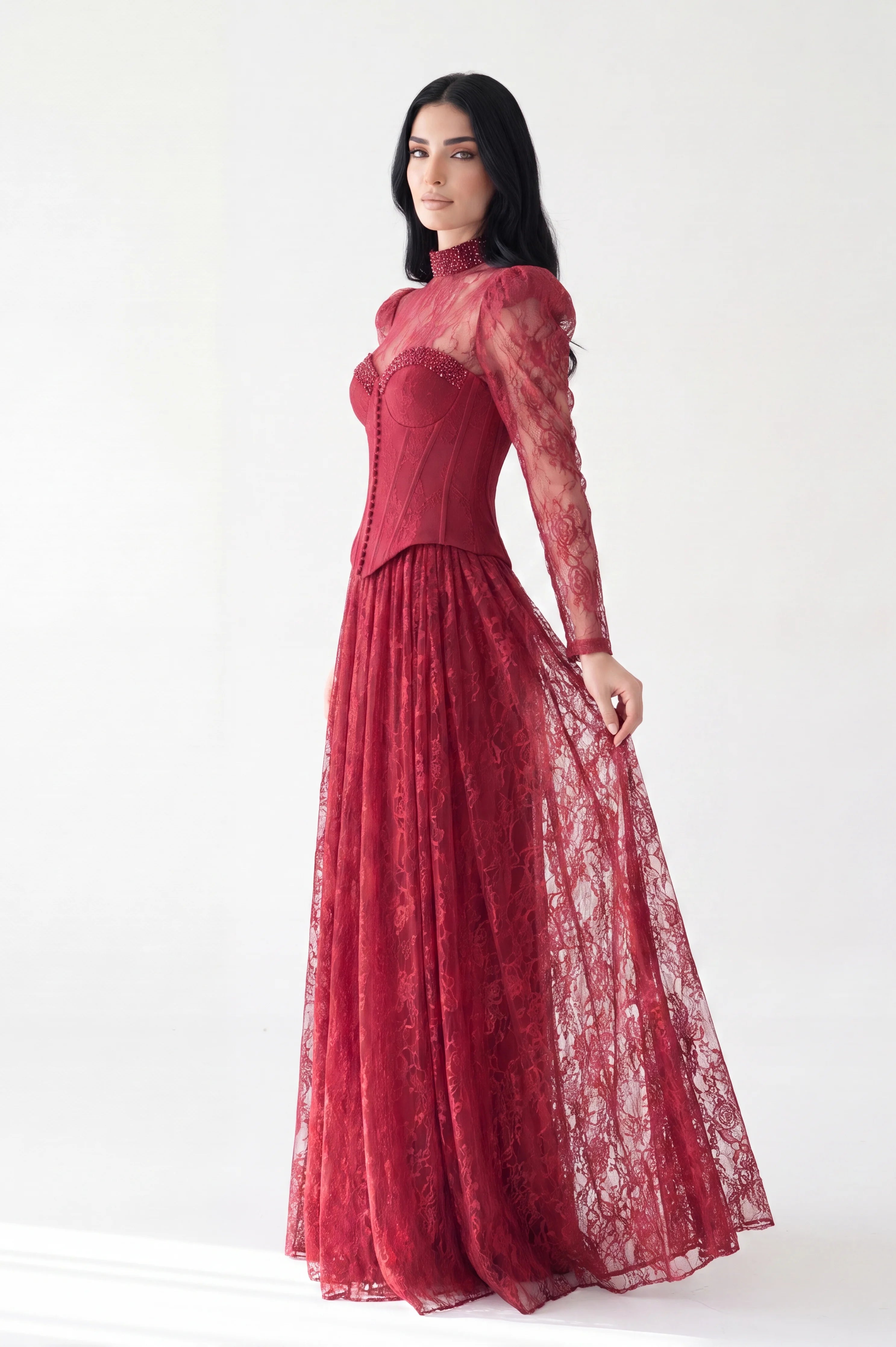 Beaded Bust Line Button Details Dantel Dress