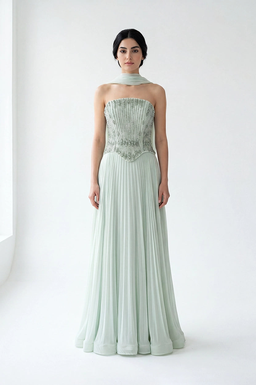 Beaded Bustline Corset Chiffon Dress
