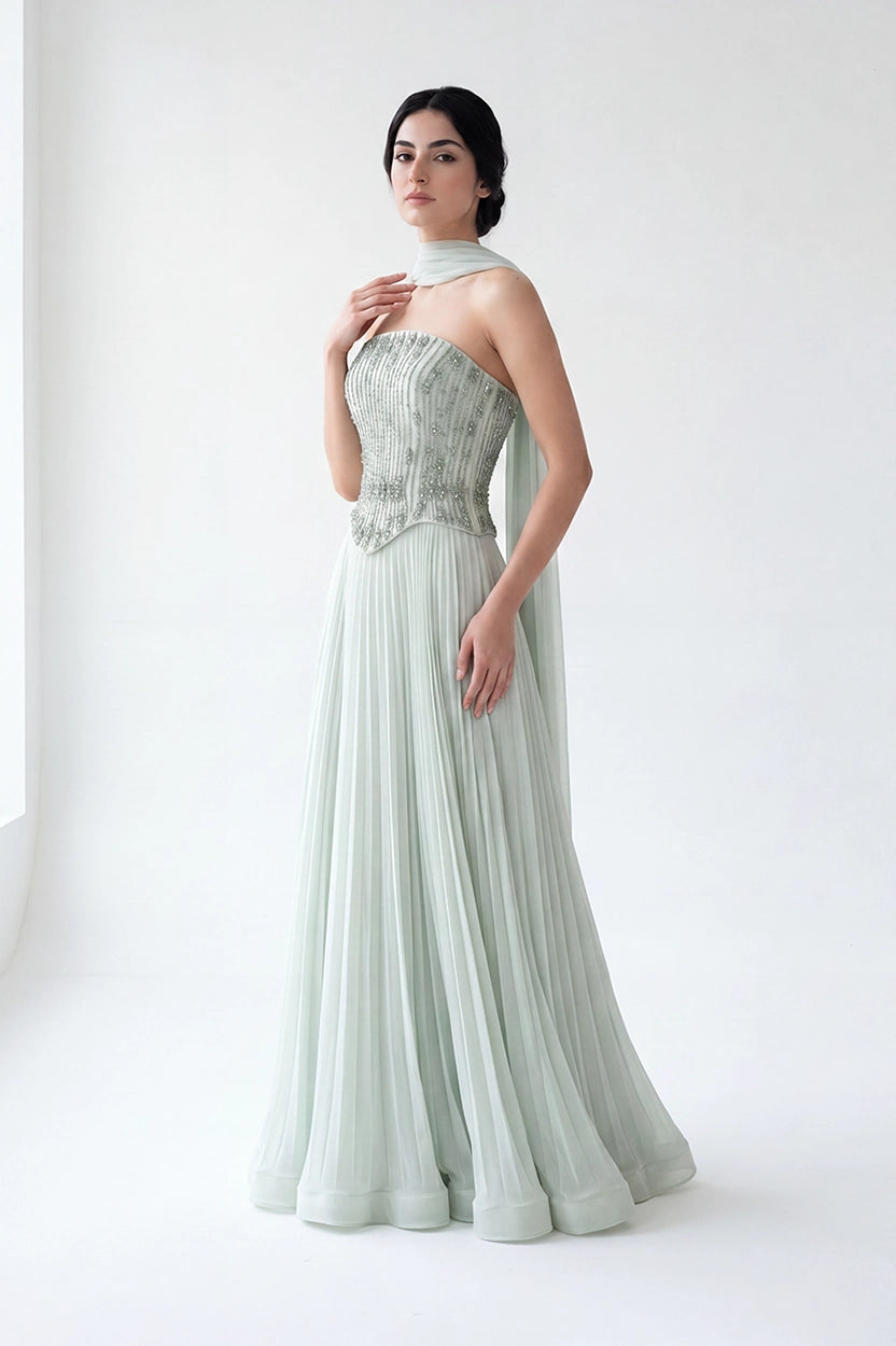 Beaded Bustline Corset Chiffon Dress