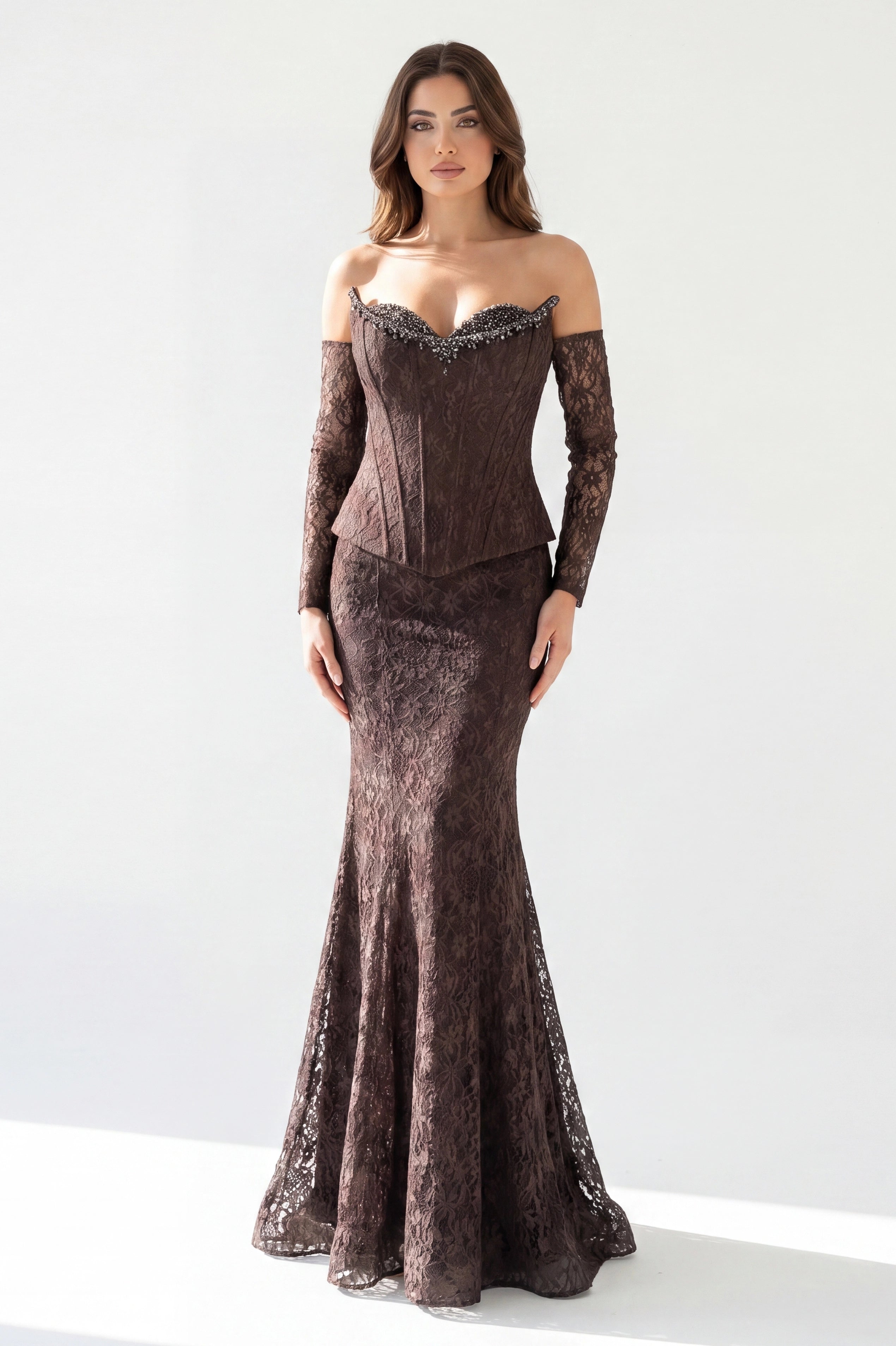 Beaded Bustline Corset Dantel Dress