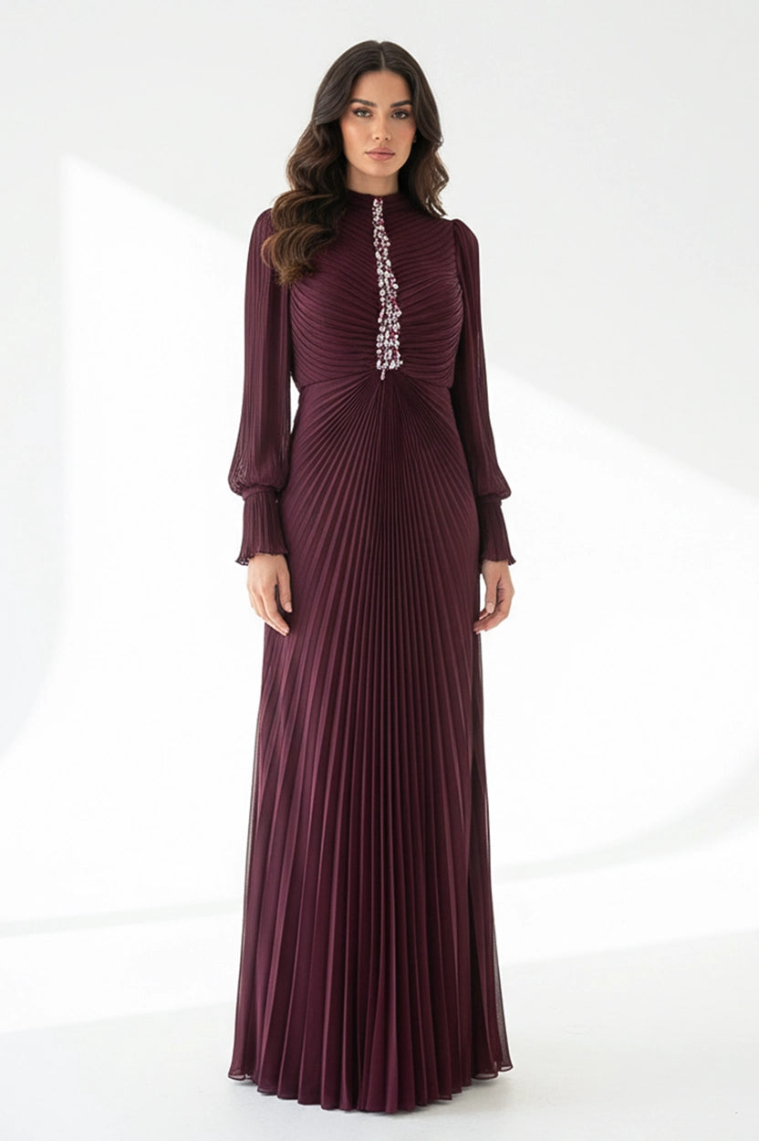 Beaded Bustling Plisse Chiffon Dress