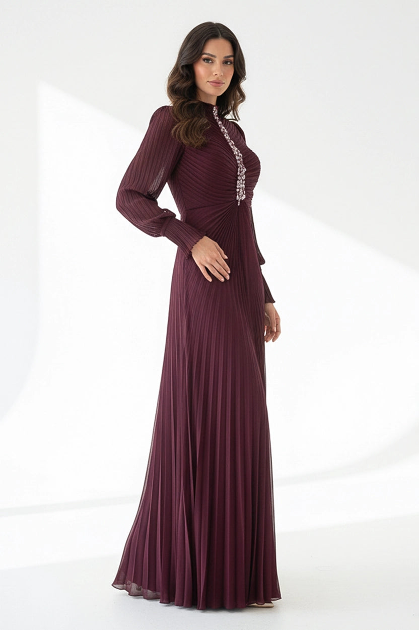 Beaded Bustling Plisse Chiffon Dress