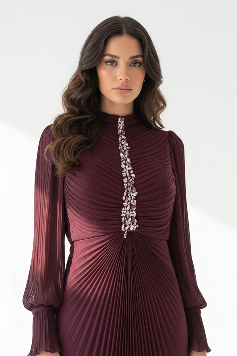 Beaded Bustling Plisse Chiffon Dress