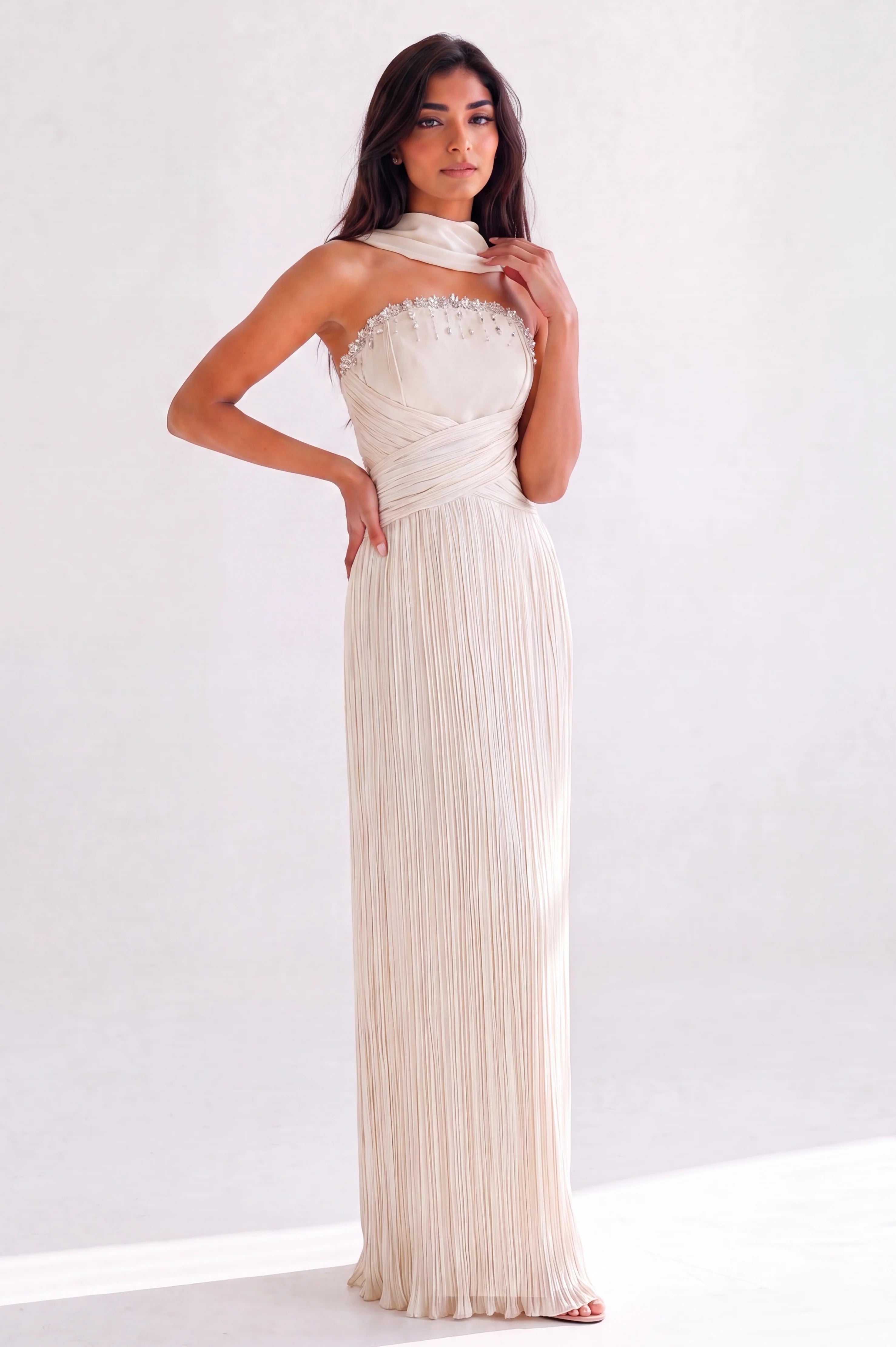 Beaded Bustline Plisse Chiffon Dress