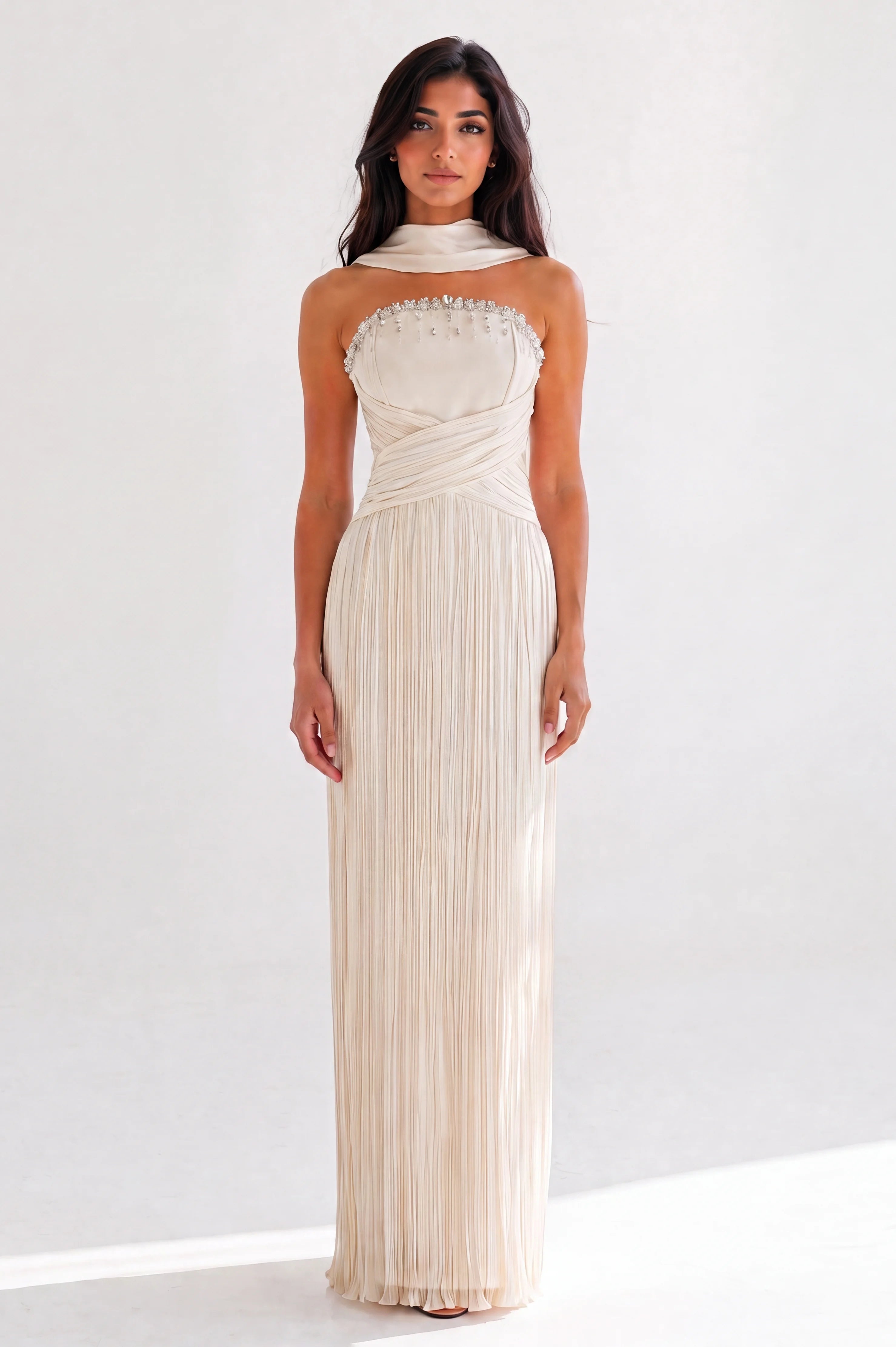 Beaded Bustline Plisse Chiffon Dress