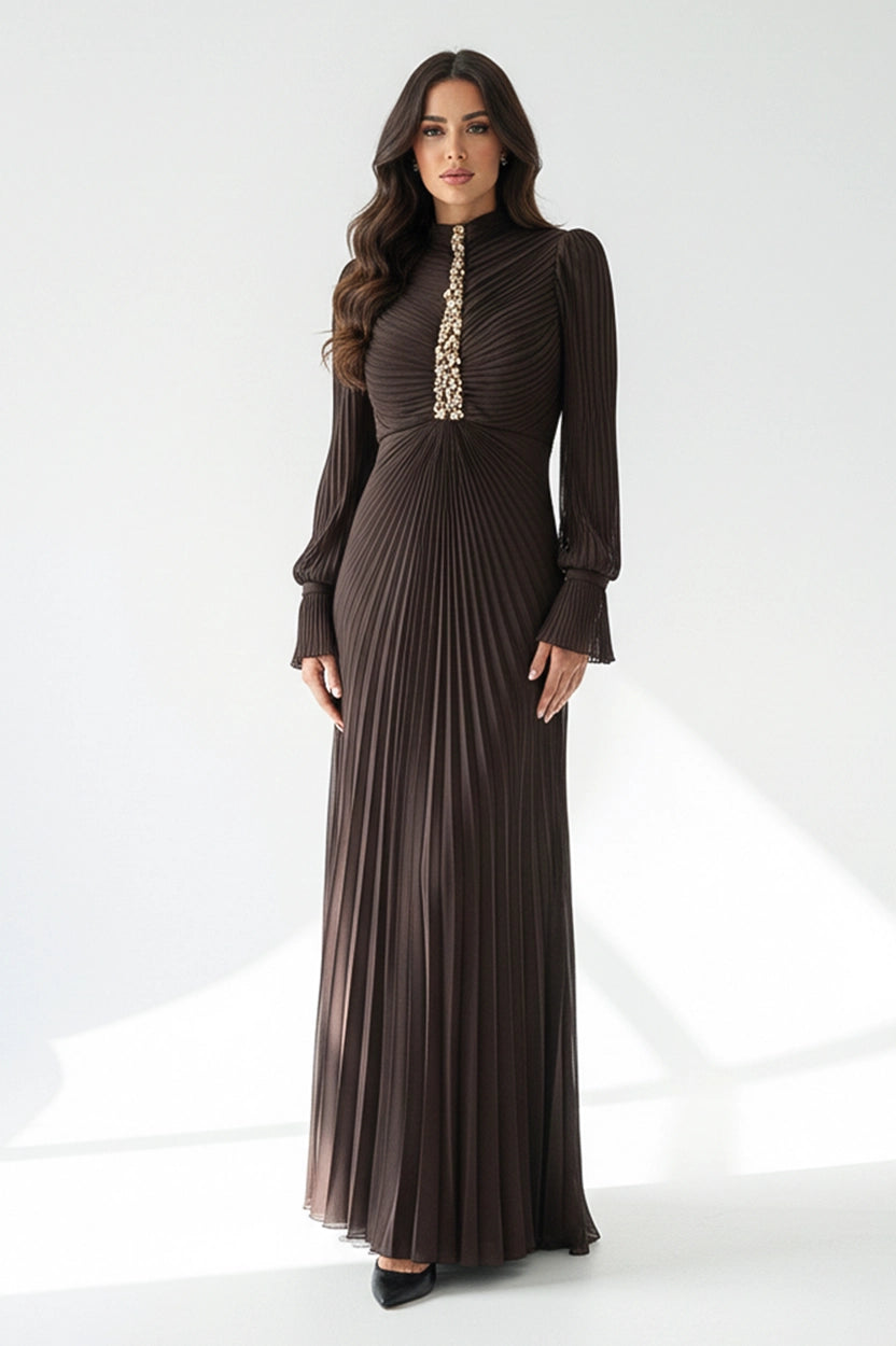 Beaded Bustling Plisse Chiffon Dress