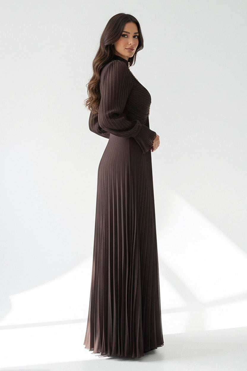 Beaded Bustling Plisse Chiffon Dress