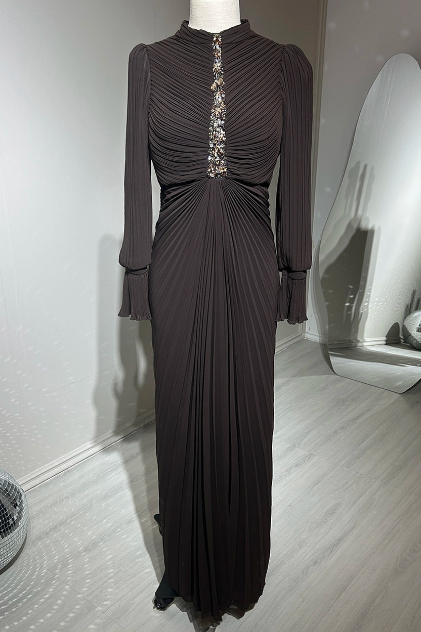Beaded Bustling Plisse Chiffon Dress