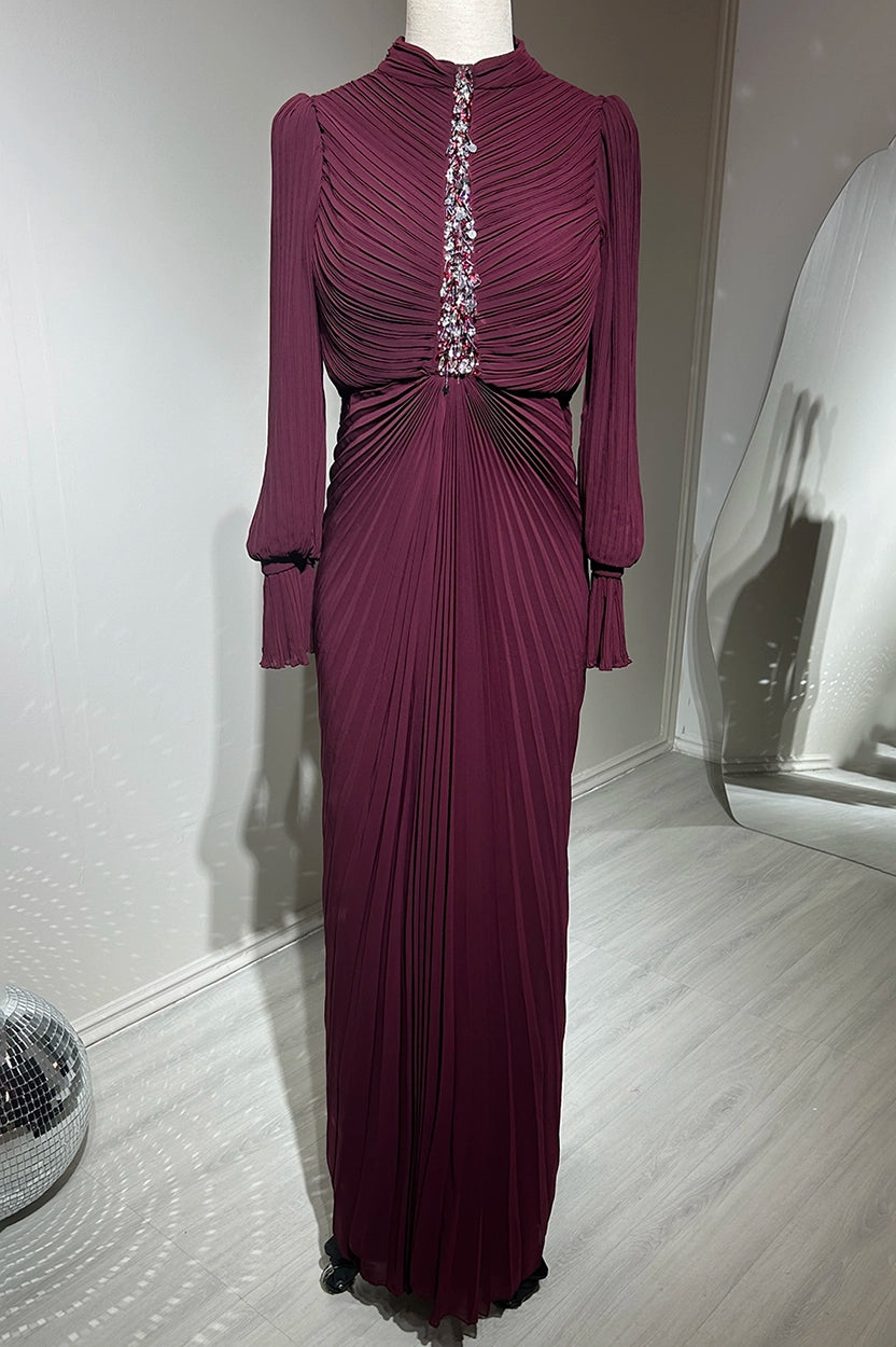 Beaded Bustling Plisse Chiffon Dress