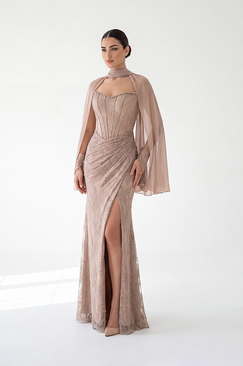 Beaded Bust-line Shawl Sleeves Dantel Dress