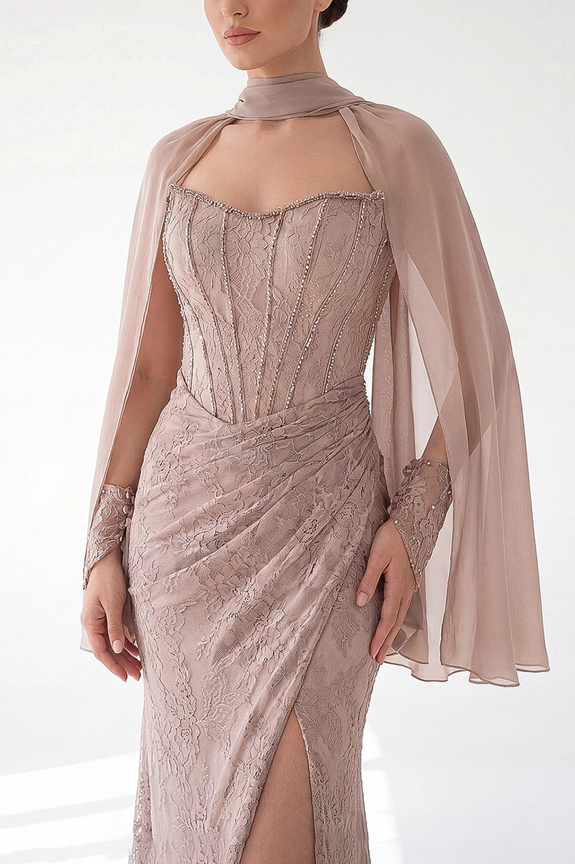 Beaded Bust-line Shawl Sleeves Dantel Dress