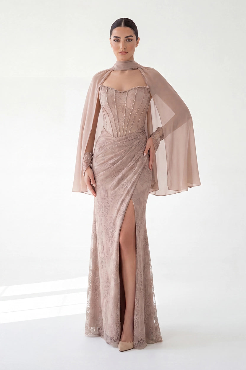 Beaded Bust-line Shawl Sleeves Dantel Dress
