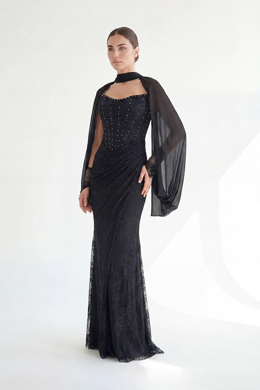Beaded Bust-line Shawl Sleeves Dantel Dress