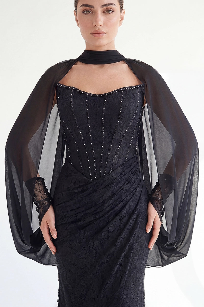 Beaded Bust-line Shawl Sleeves Dantel Dress