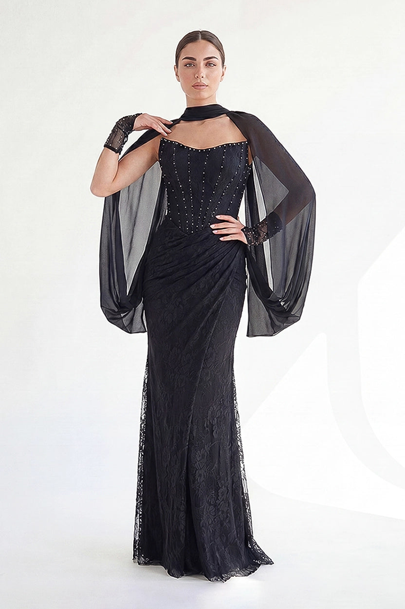 Beaded Bust-line Shawl Sleeves Dantel Dress