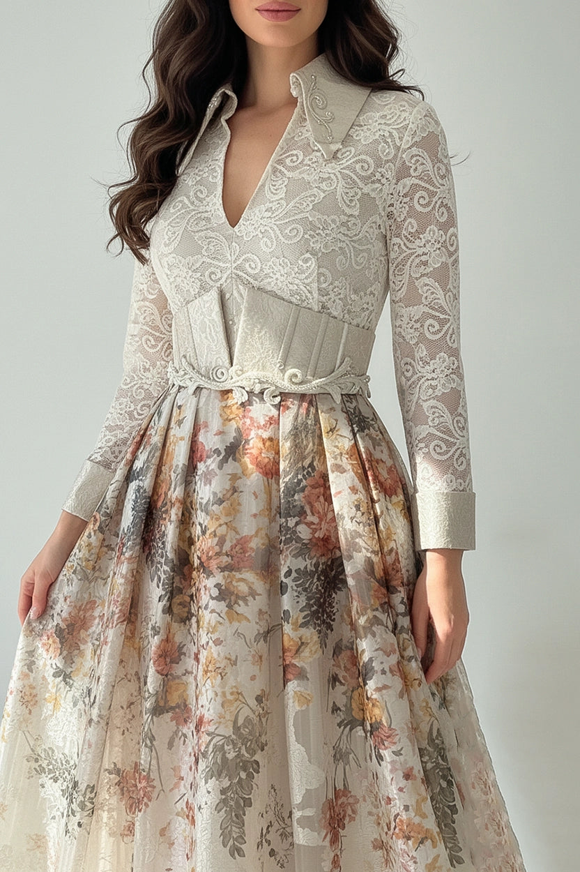 Beaded Collar Floral Skirt Organza Dress