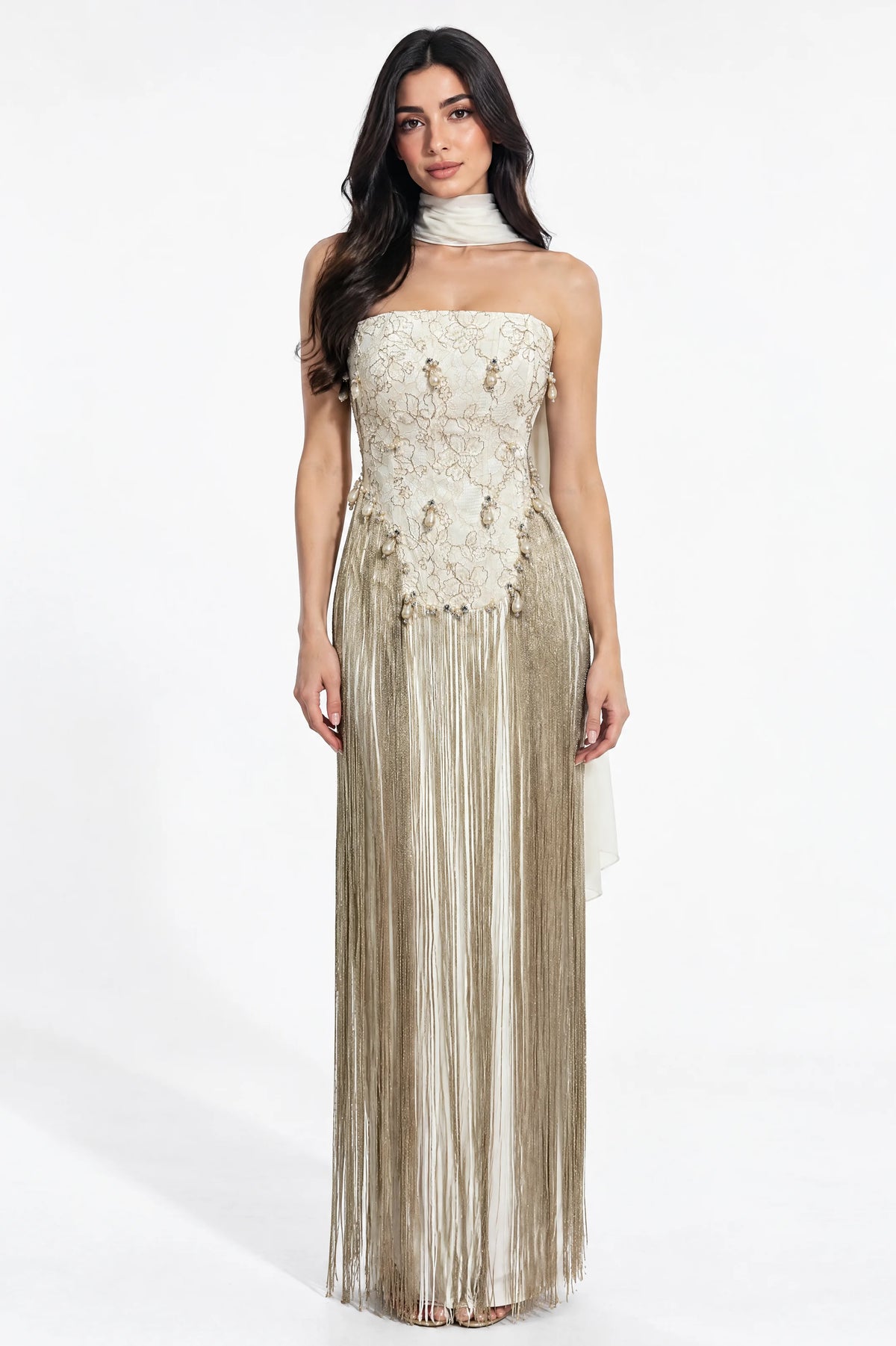 Beaded Corset Fringe Waist-Line Crepe Dress
