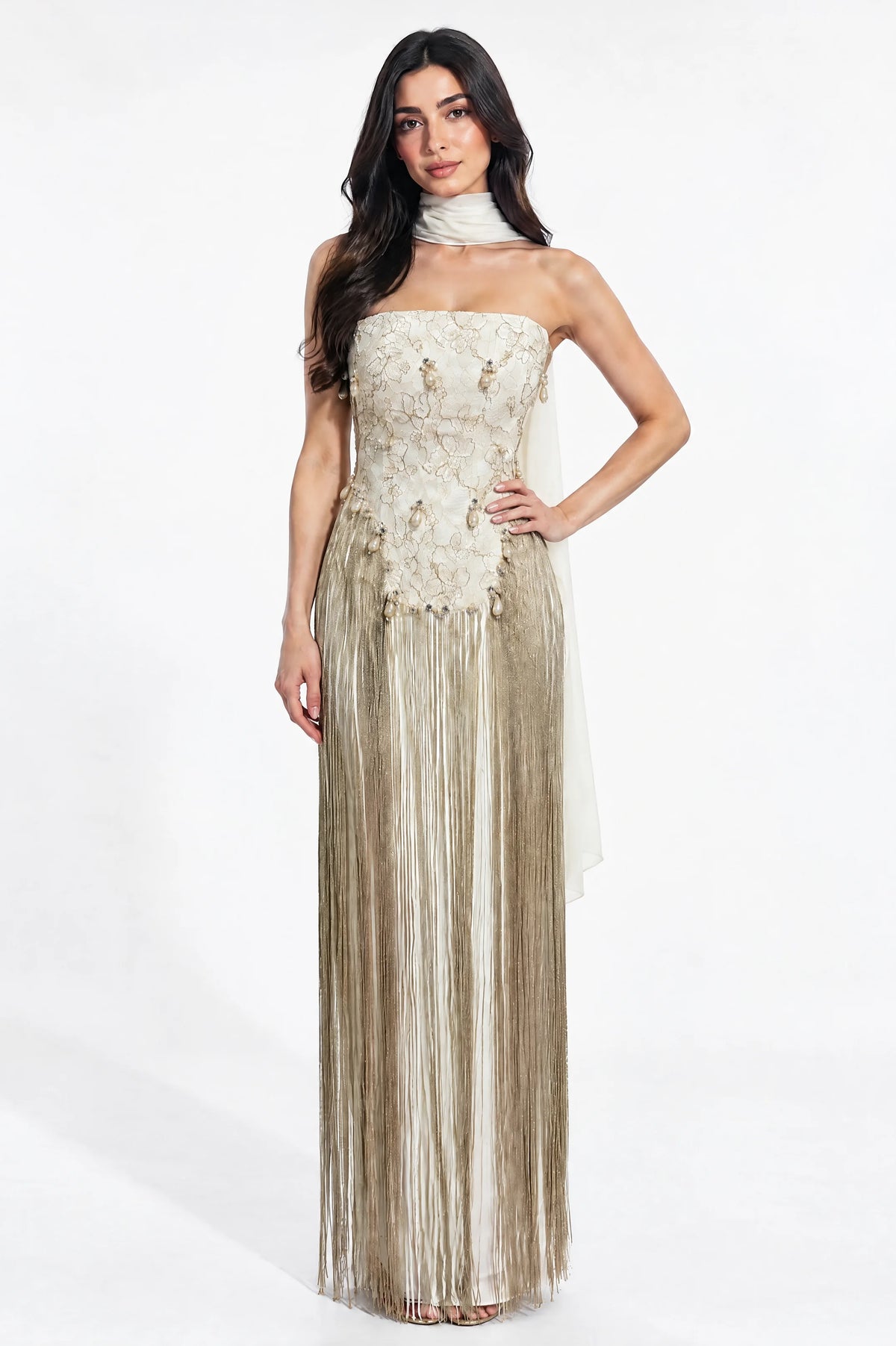 Beaded Corset Fringe Waist-Line Crepe Dress