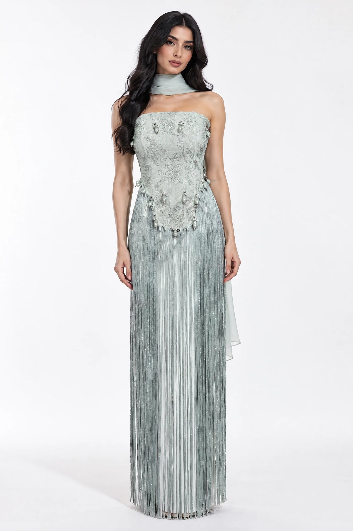 Beaded Corset Fringe Waist-Line Crepe Dress