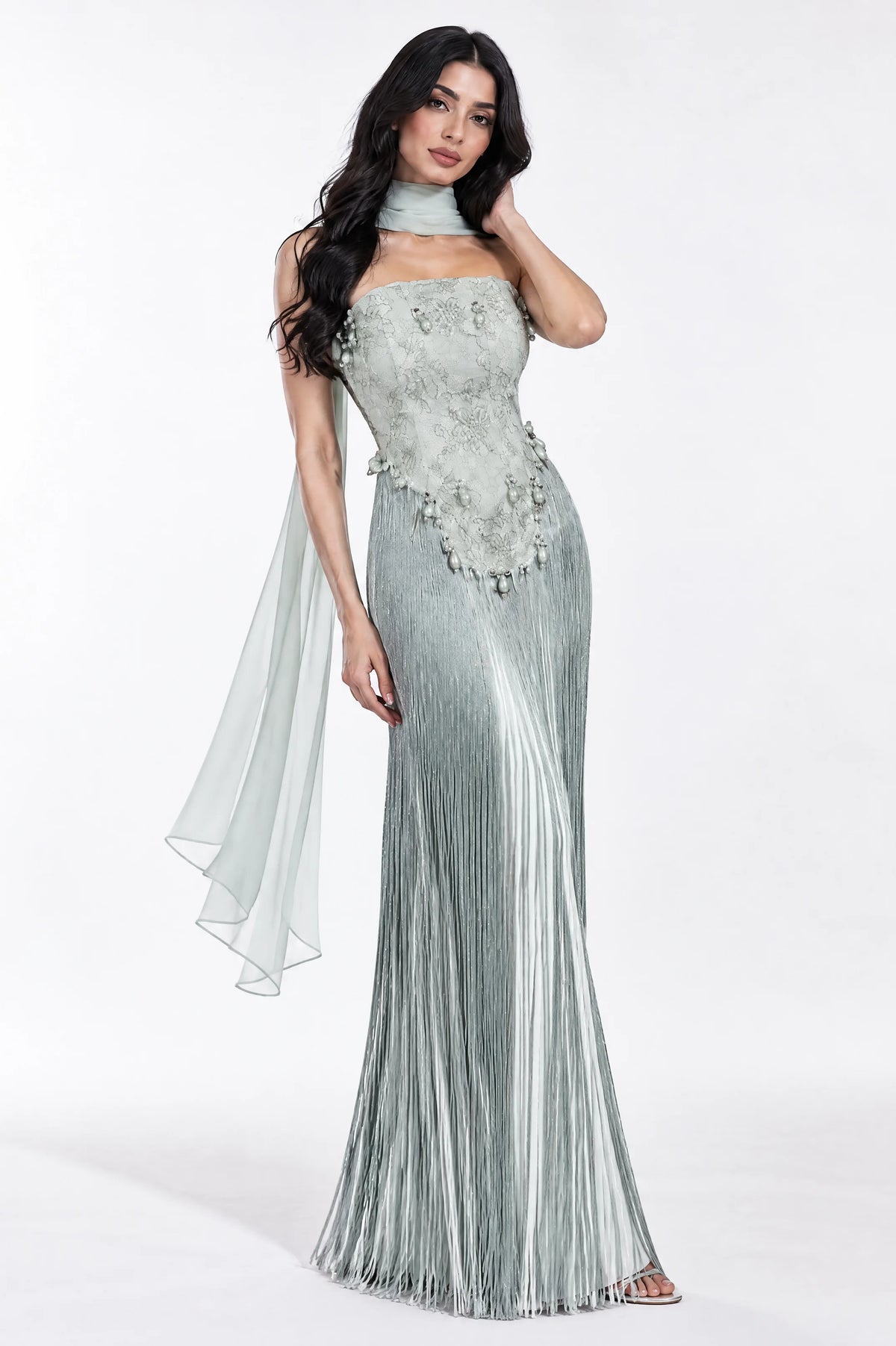 Beaded Corset Fringe Waist-Line Crepe Dress