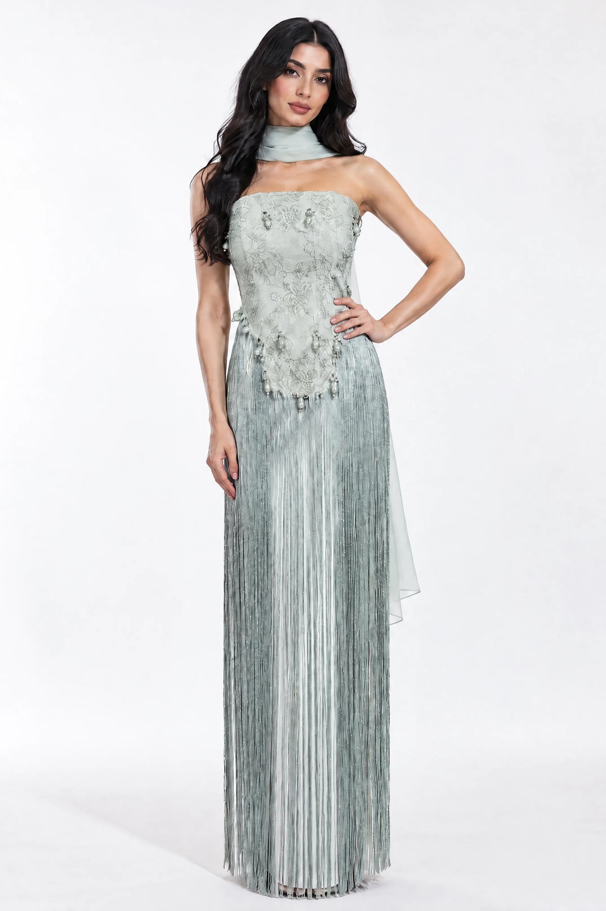 Beaded Corset Fringe Waist-Line Crepe Dress