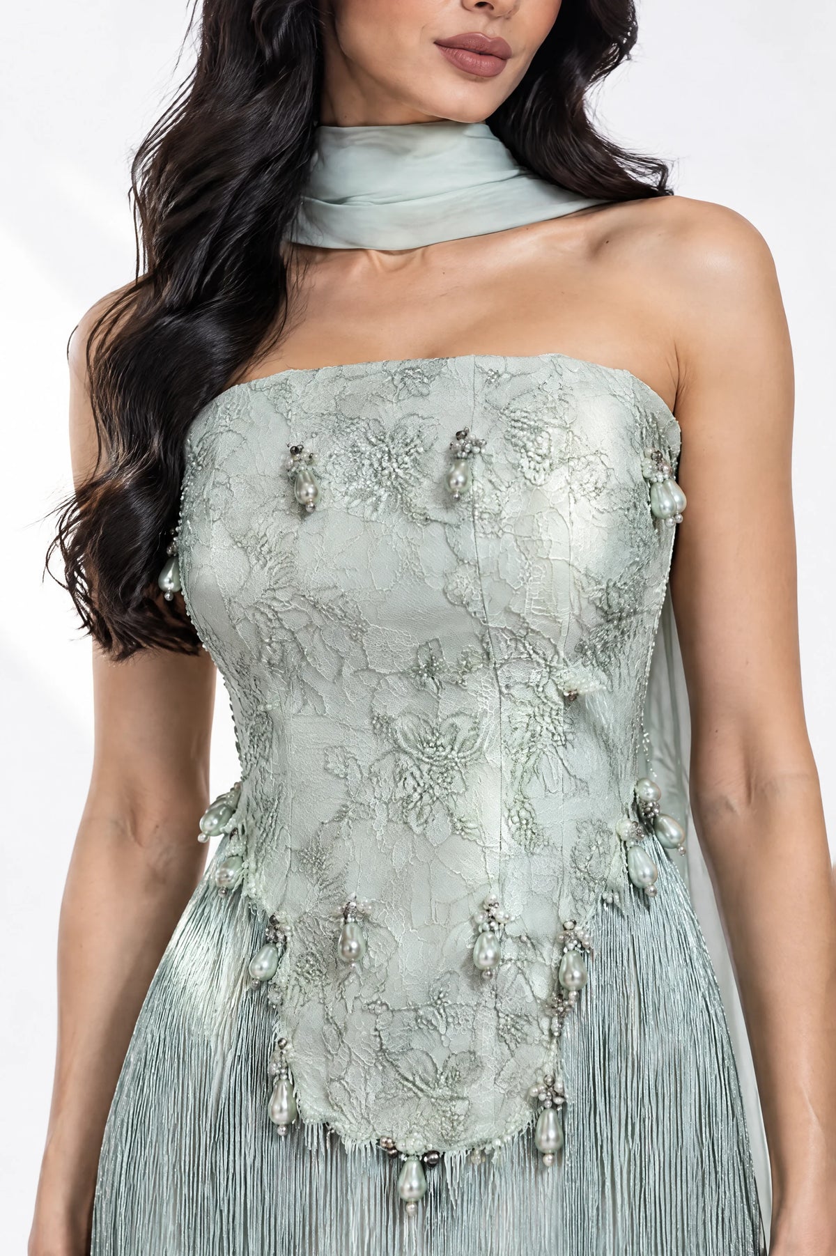 Beaded Corset Fringe Waist-Line Crepe Dress