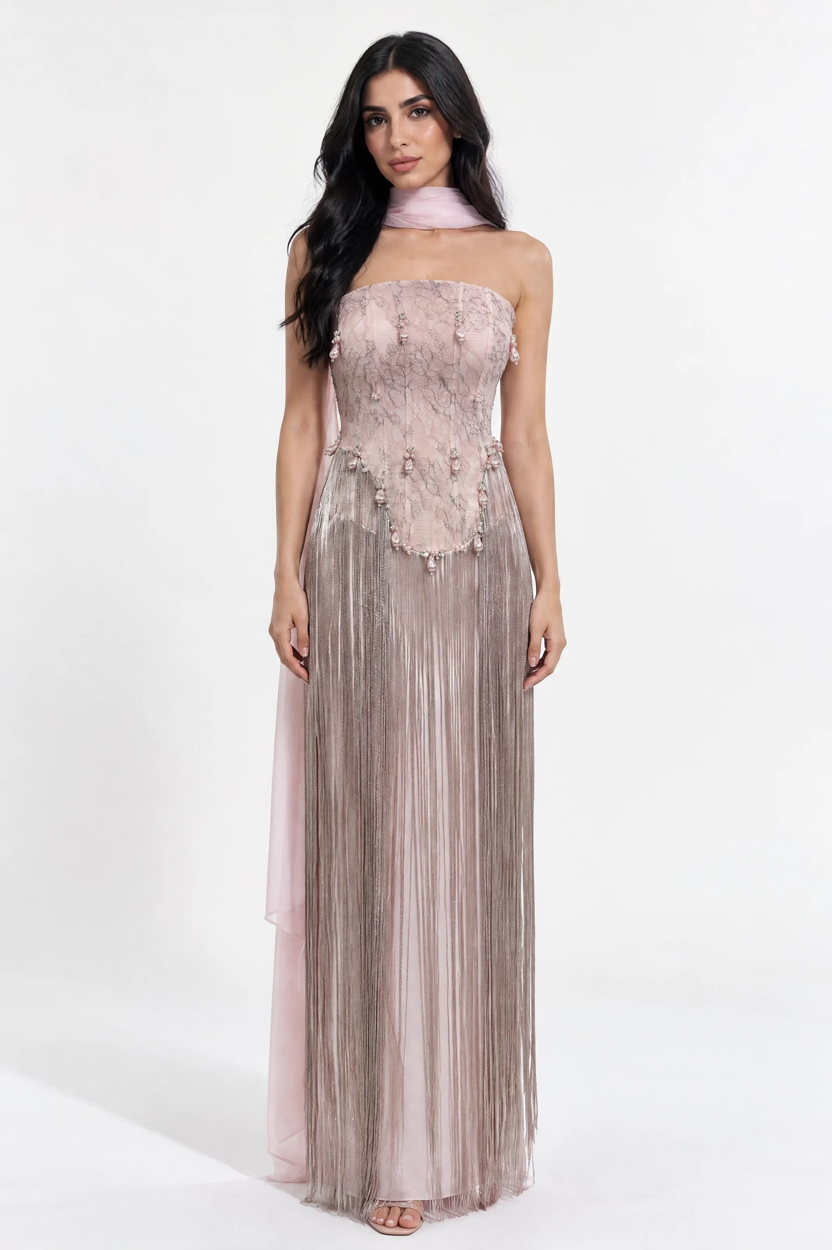 Beaded Corset Fringe Waist-Line Crepe Dress