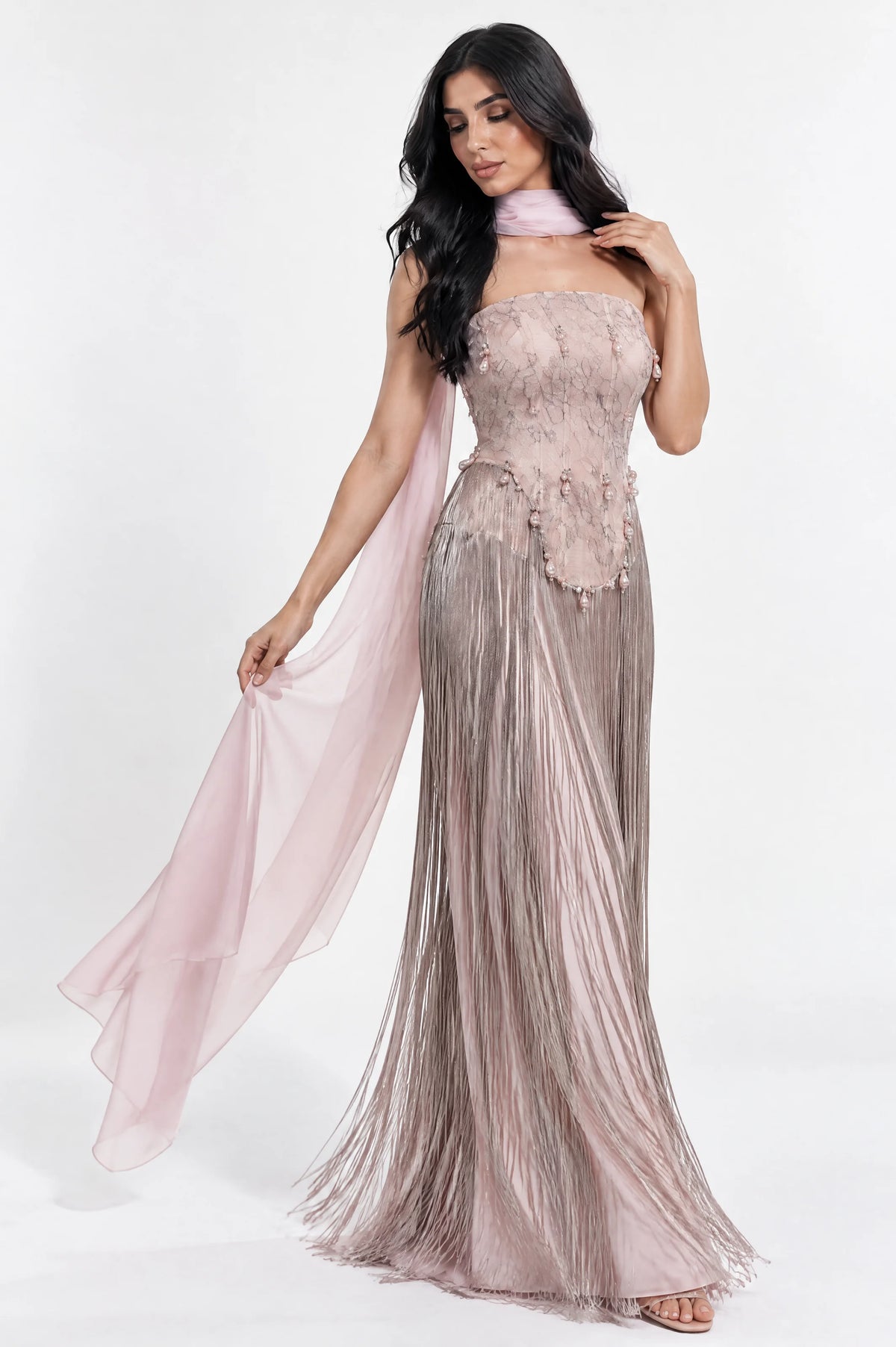 Beaded Corset Fringe Waist-Line Crepe Dress