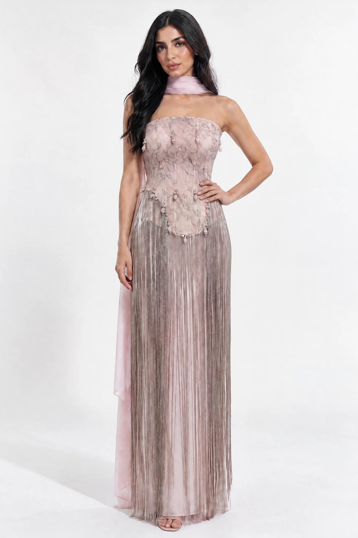 Beaded Corset Fringe Waist-Line Crepe Dress