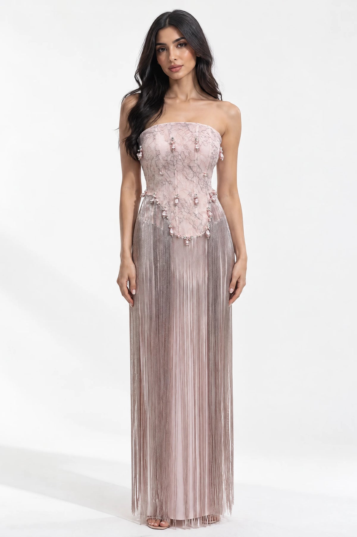 Beaded Corset Fringe Waist-Line Crepe Dress