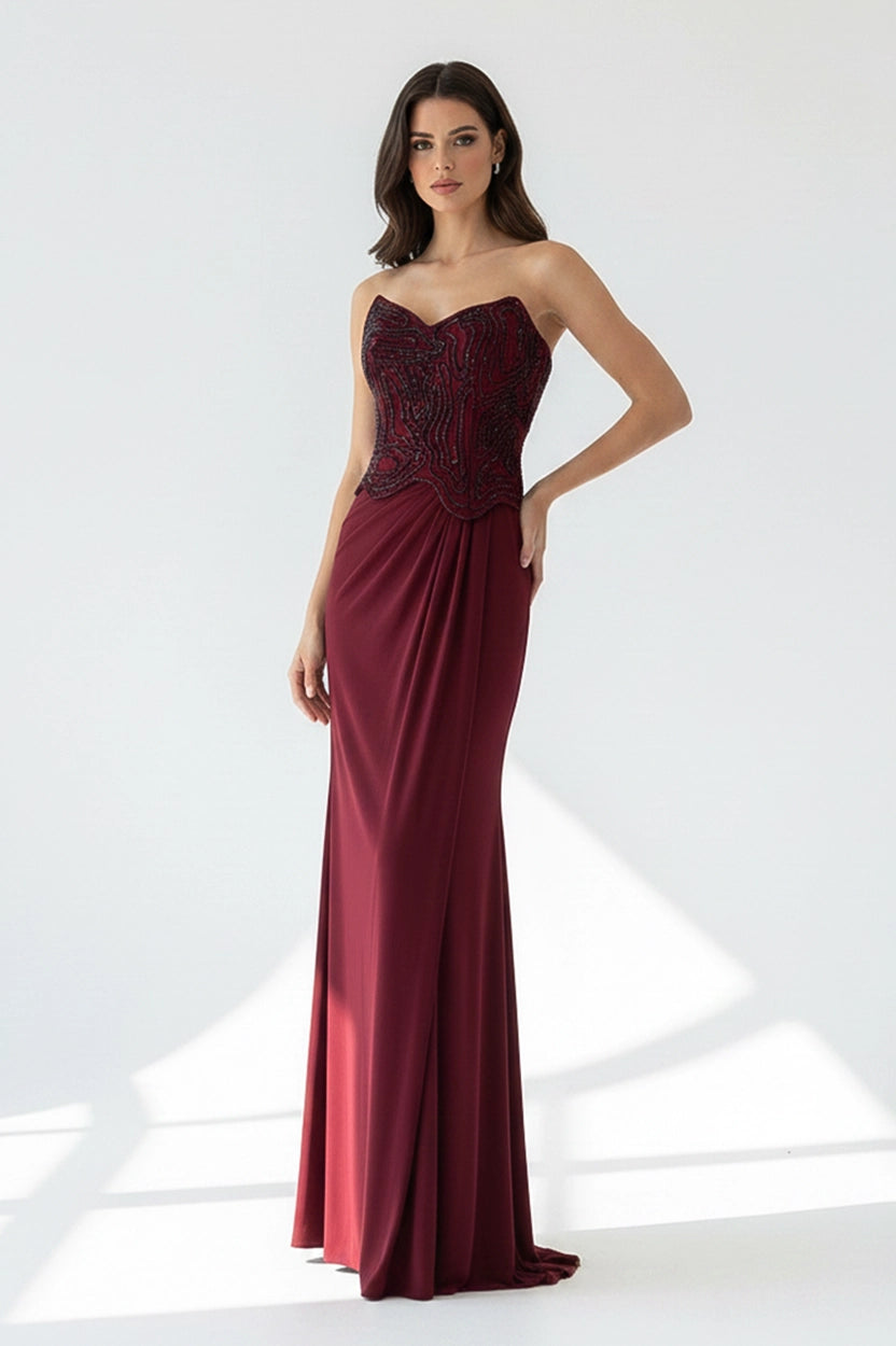Beaded Corset Pleated Waist Jersey Dress